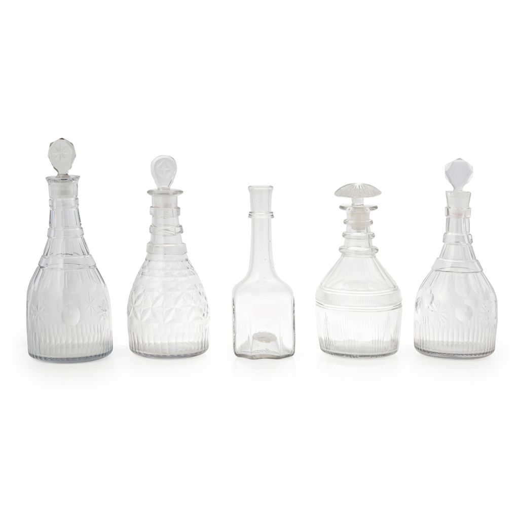 GROUP OF FIVE GLASS DECANTERS