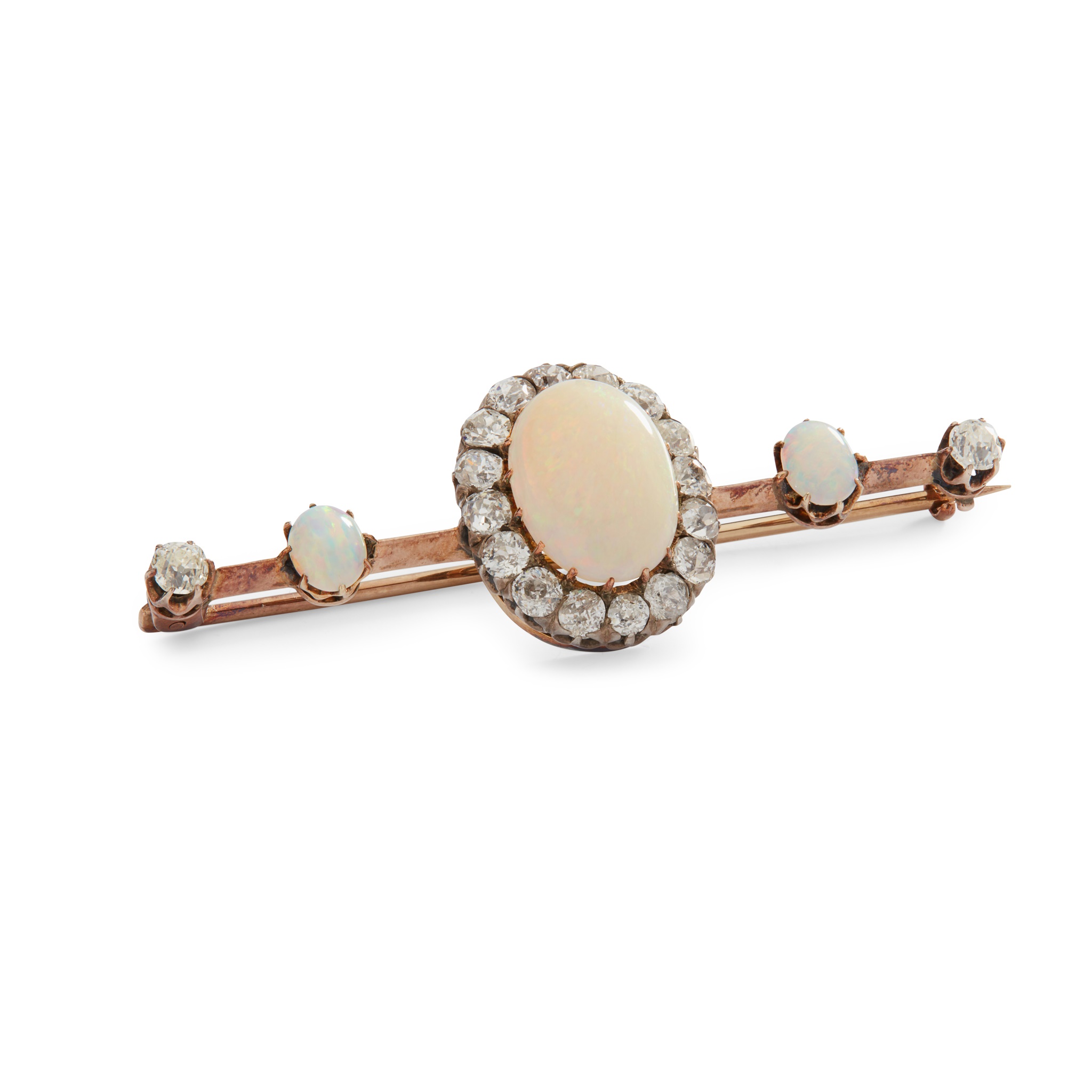 A cabochon opal and diamond bar brooch