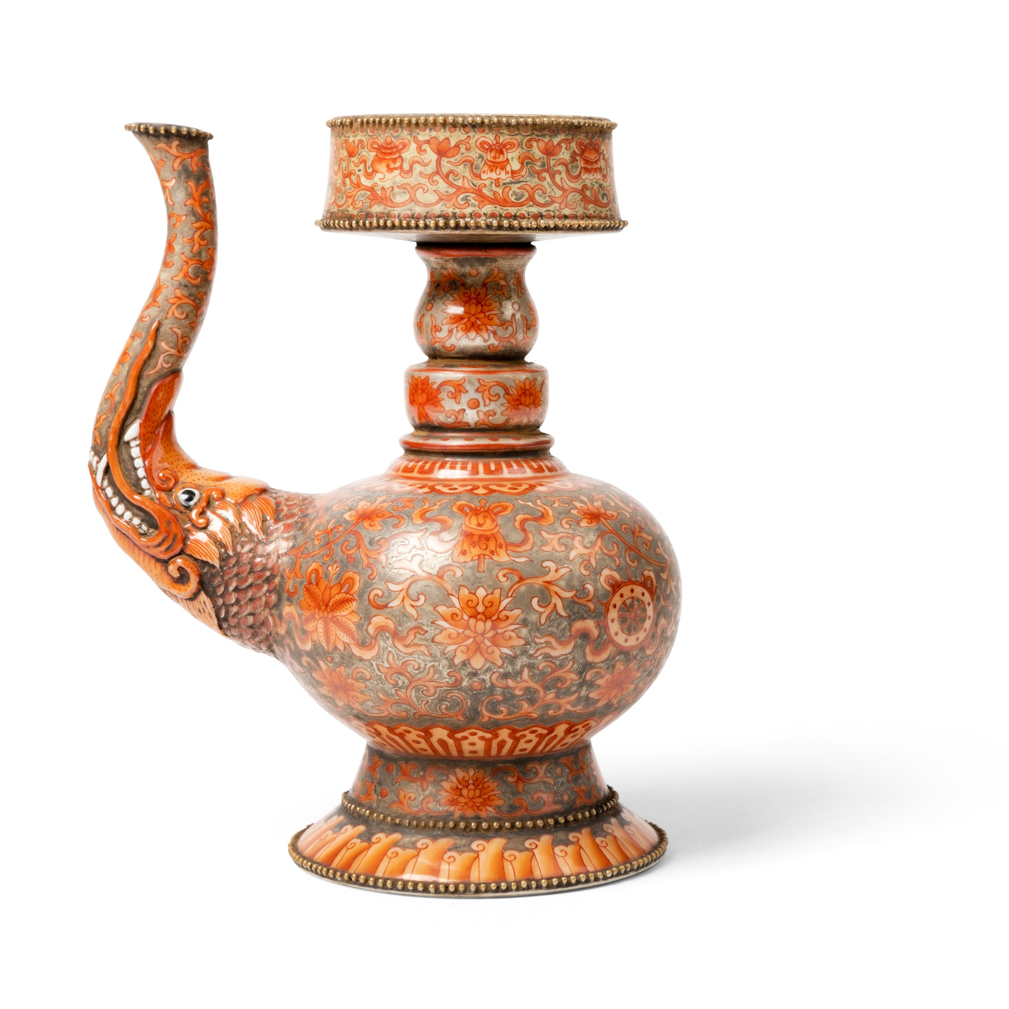 SILVER-GROUND IRON-RED DECORATED TIBETAN-STYLE EWER, PENBA HU