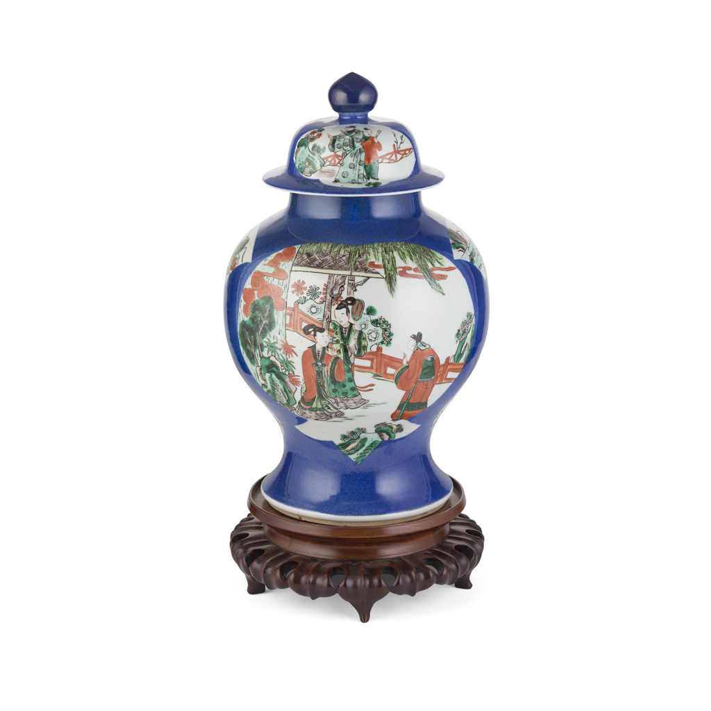 LARGE FAMILLE VERTE POWDER-BLUE GROUND BALUSTER JAR AND COVER