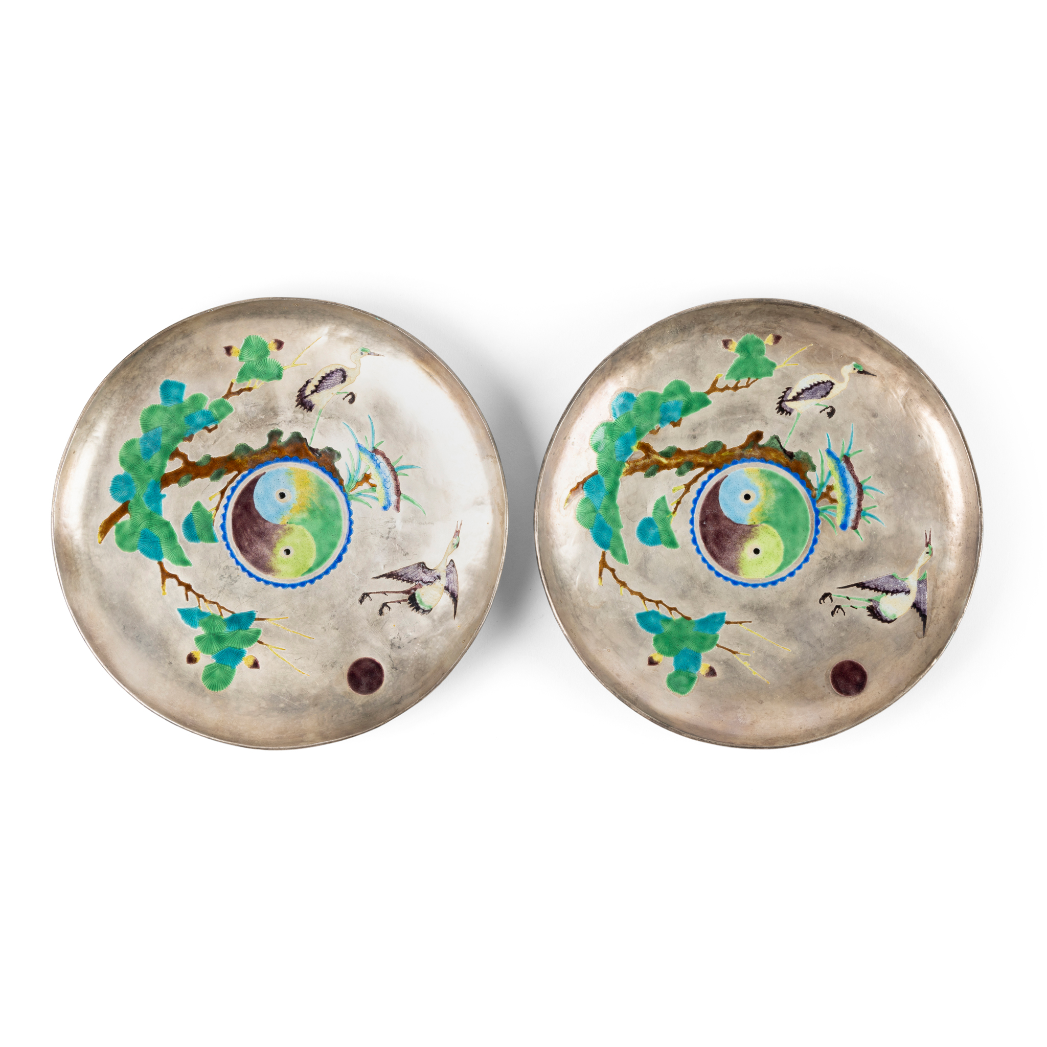RARE PAIR OF CHINESE ENAMELLED SILVER 'CRANE AND TAIJI' DISHES