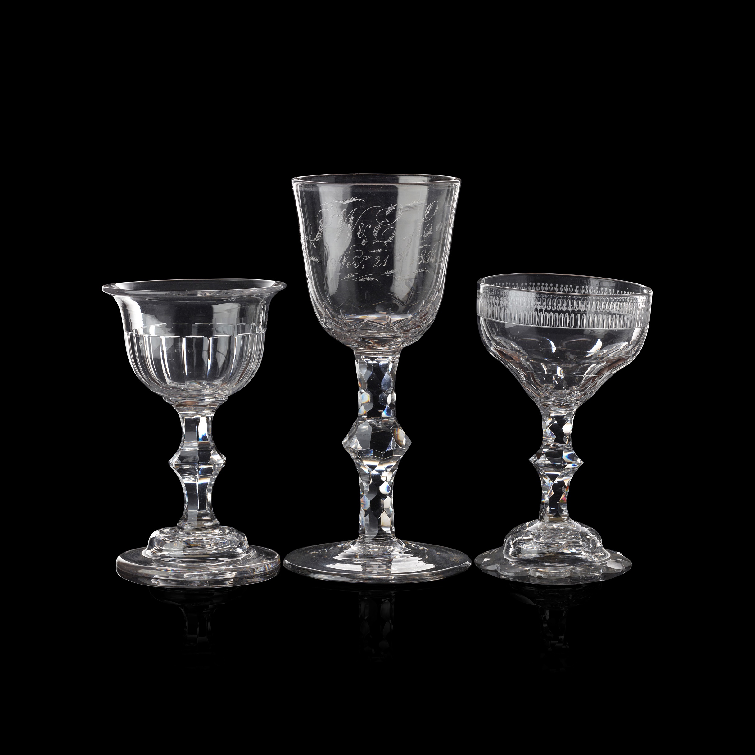 THREE VARIOUS GEORGIAN FACET STEMMED GLASSES