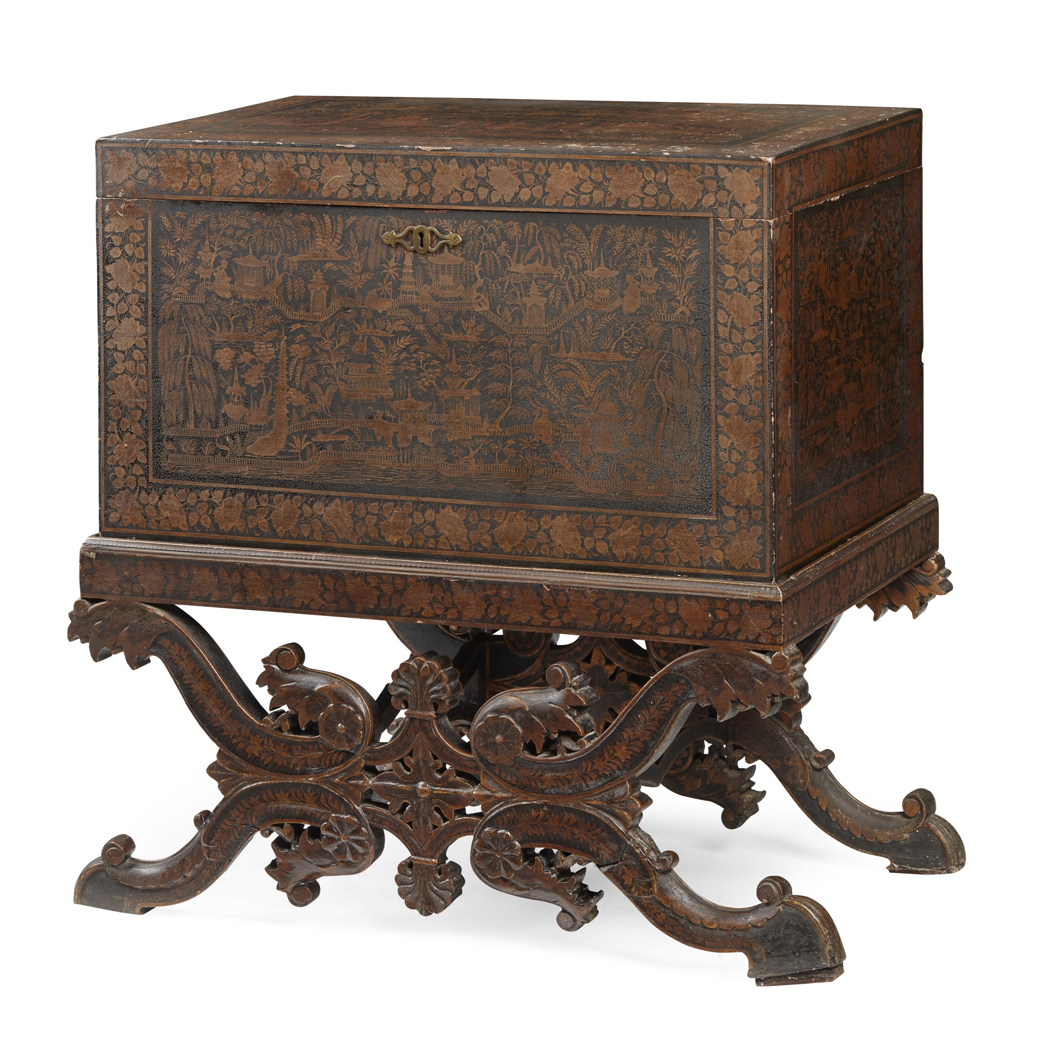 ANGLO-INDIAN LACQUERED AND GILT CHEST-ON-STAND