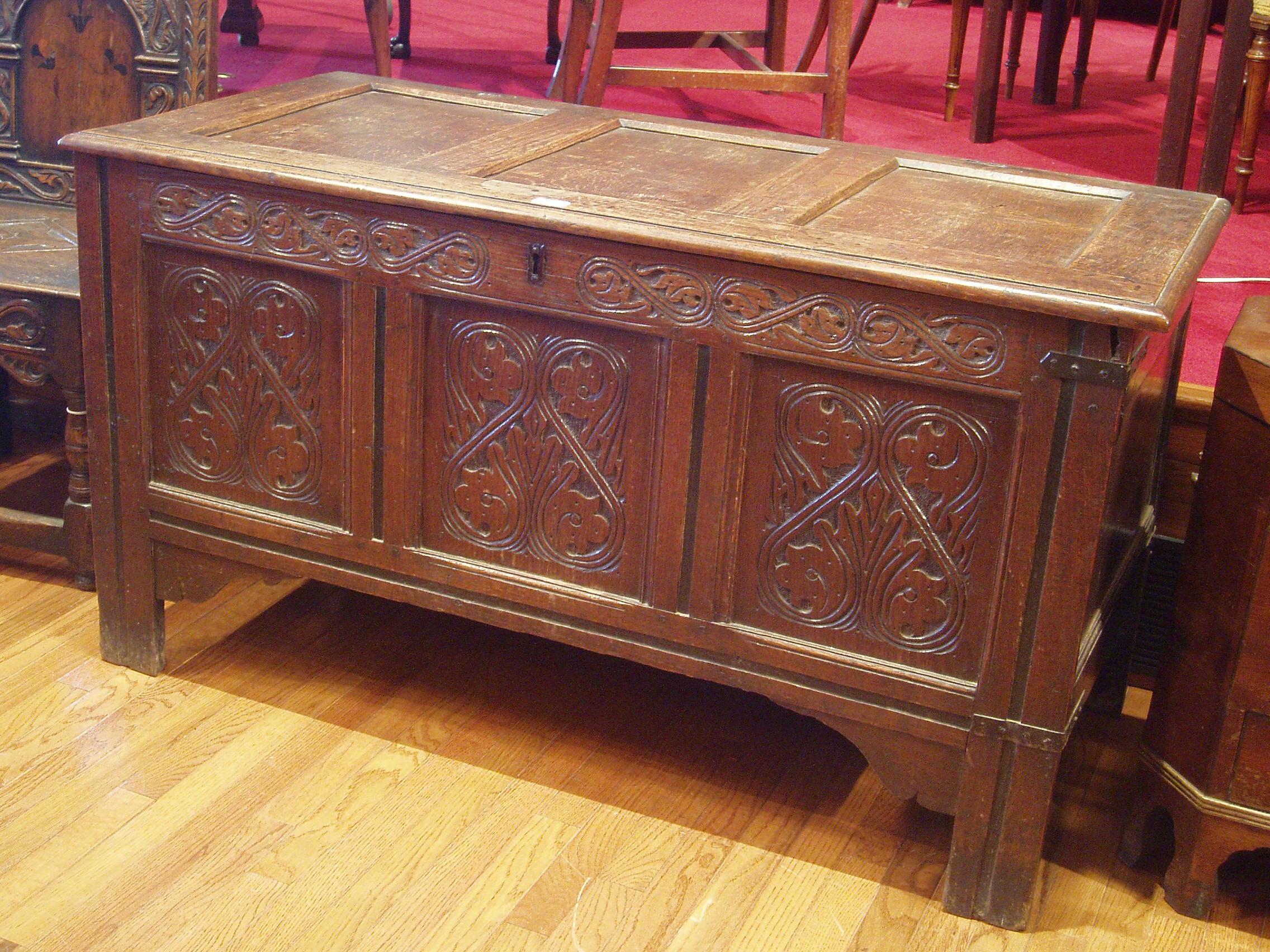 A carved oak coffer,