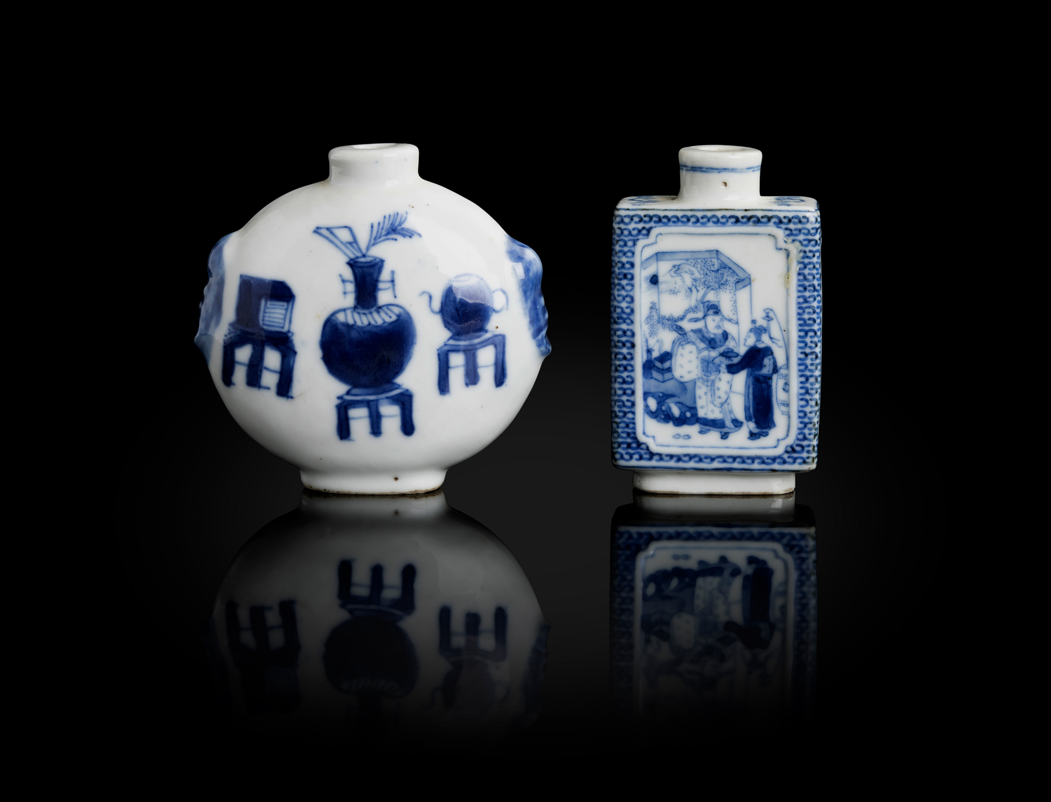 TWO BLUE AND WHITE SNUFF BOTTLES
