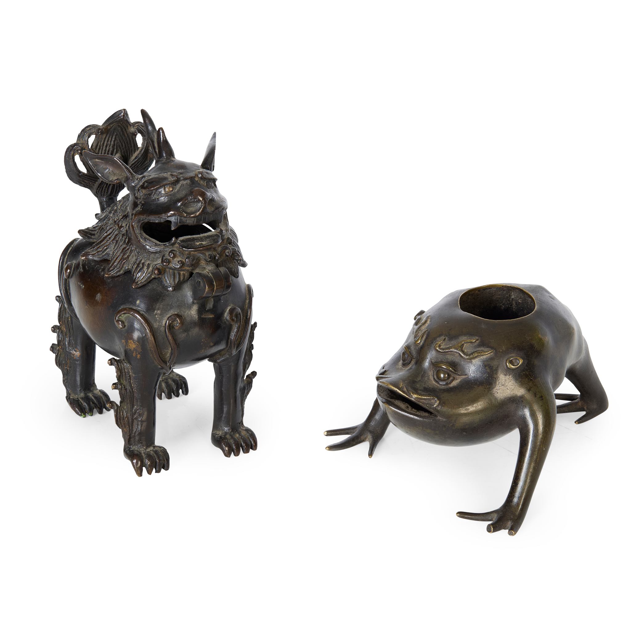 TWO CHINESE BRONZE 'MYTHICAL BEAST' WARES