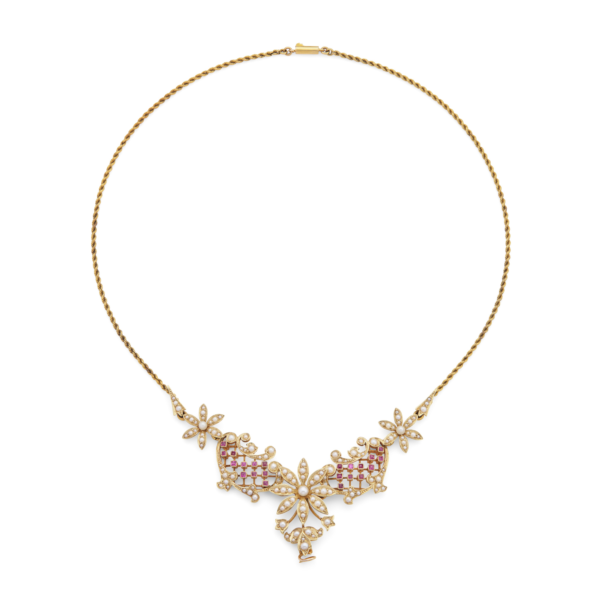 An early 20th century ruby and seed pearl necklace