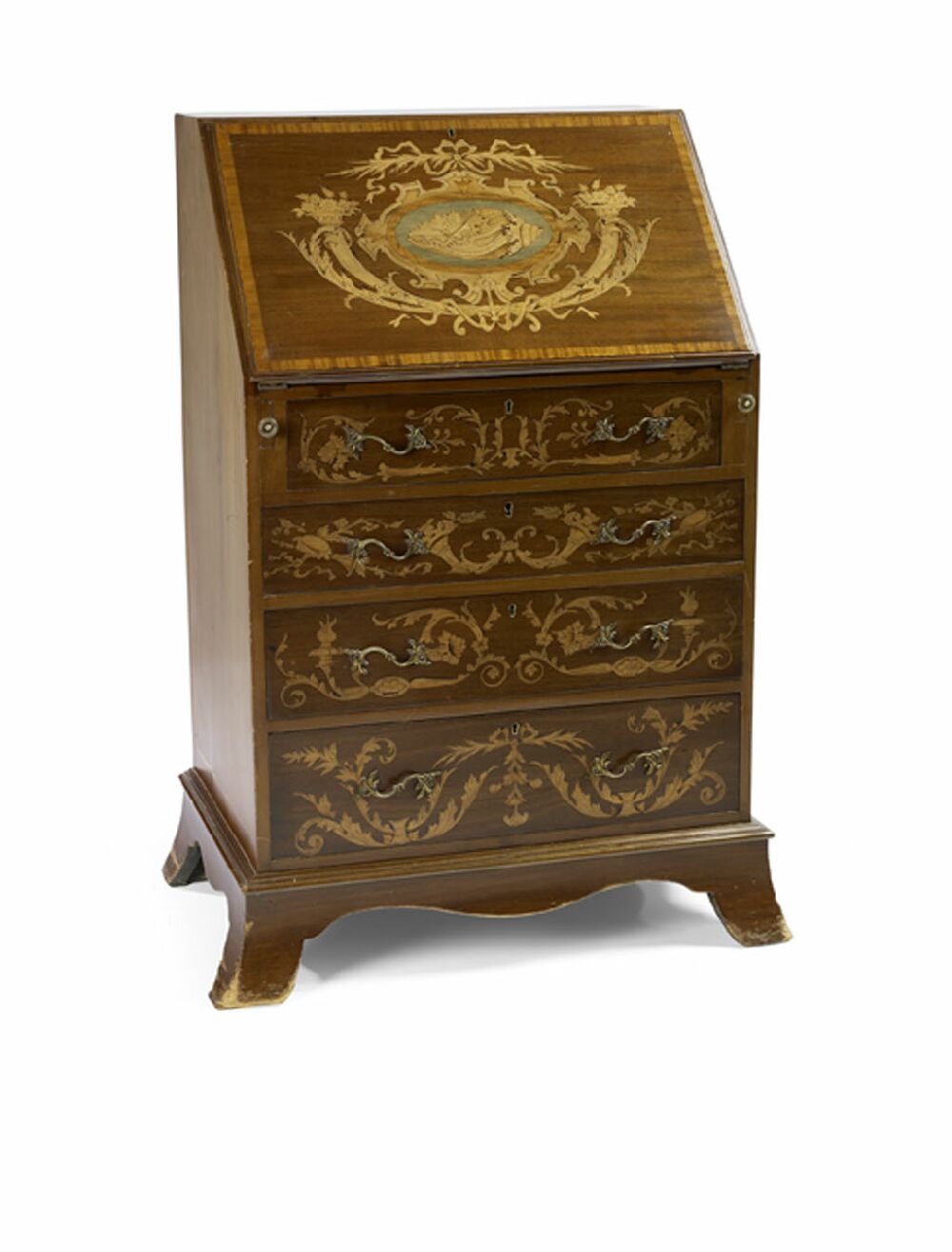 An Edwardian style mahogany and inlaid small bureau