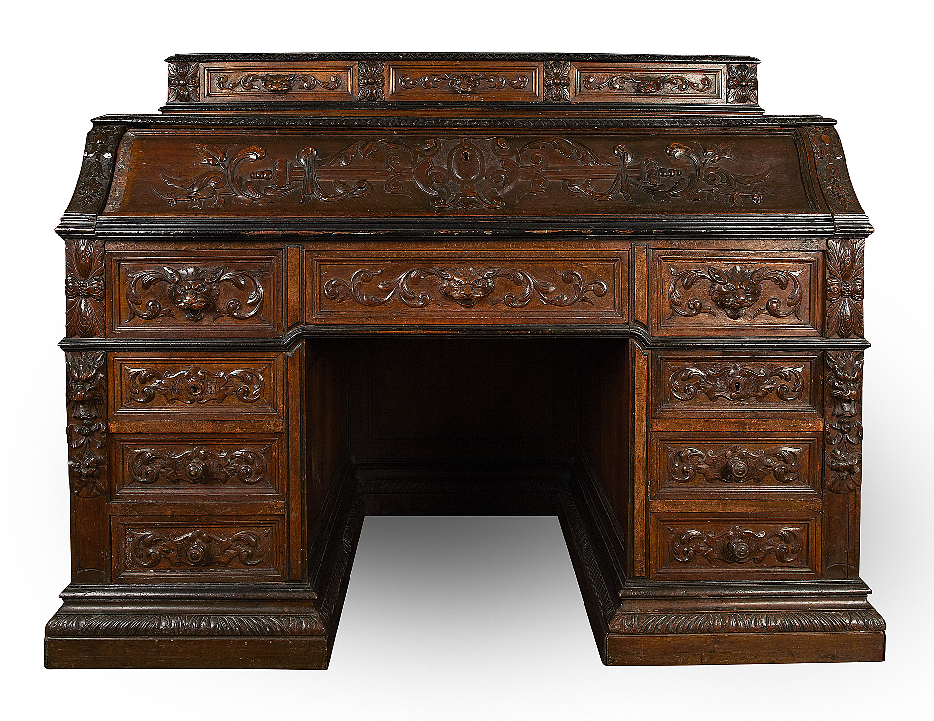 VICTORIAN CARVED WALNUT TWIN PEDESTAL DESK