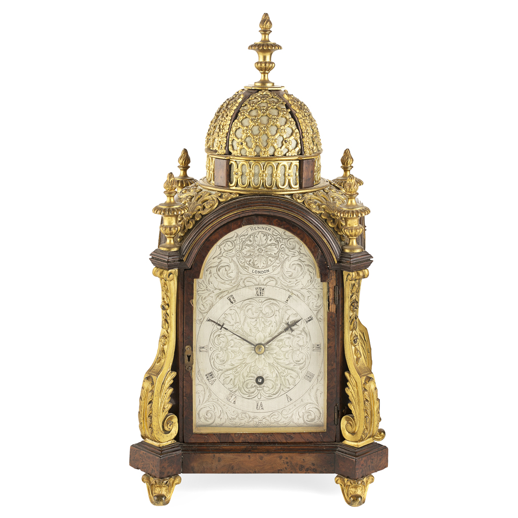 GEORGE III YEW WOOD AND GILT BRONZE MOUNTED TABLE CLOCK