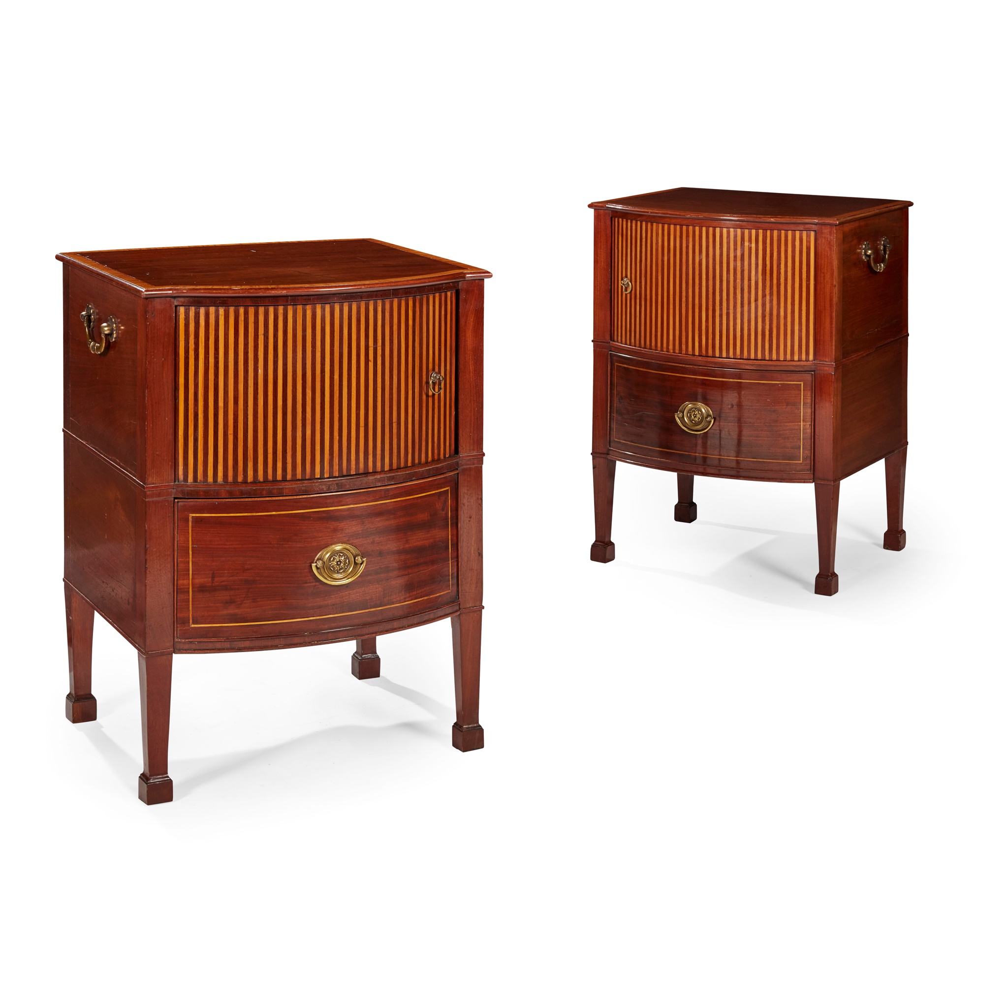 PAIR OF GEORGIAN STYLE MAHOGANY AND SATINWOOD BEDSIDE COMMODES