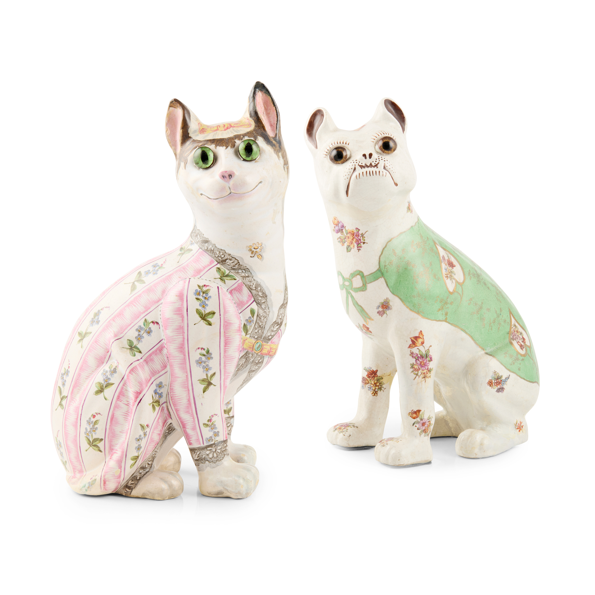 TWO FAIENCE CAT AND DOG FIGURES, ATTRIBUTED TO ÉMILE GALLÉ (FRENCH 1846-1904)