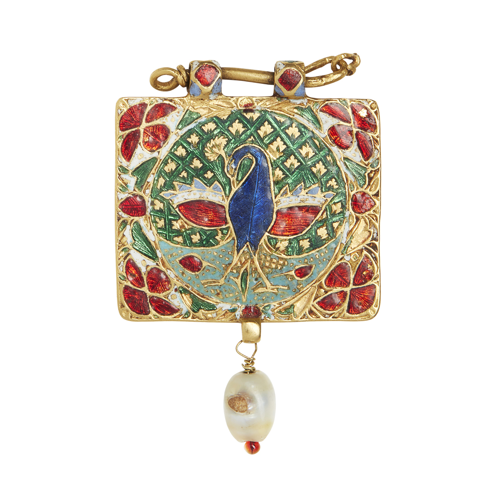 An Indian freshwater pearl and enamelled pendant