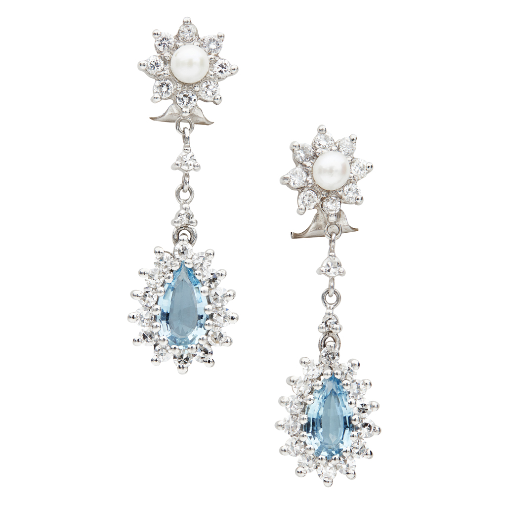 A pair of aquamarine and diamond set pendant earrings