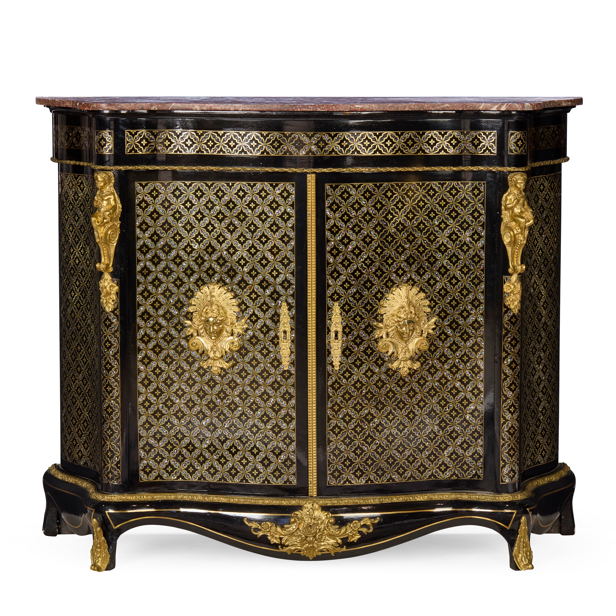 A NAPOLEON III EBONISED, BRASS, AND MOTHER-OF-PEARL INLAID MARBLE TOPPED MEUBLE D'APPUI, BY CHARLES-GUILLAUME DIEHL