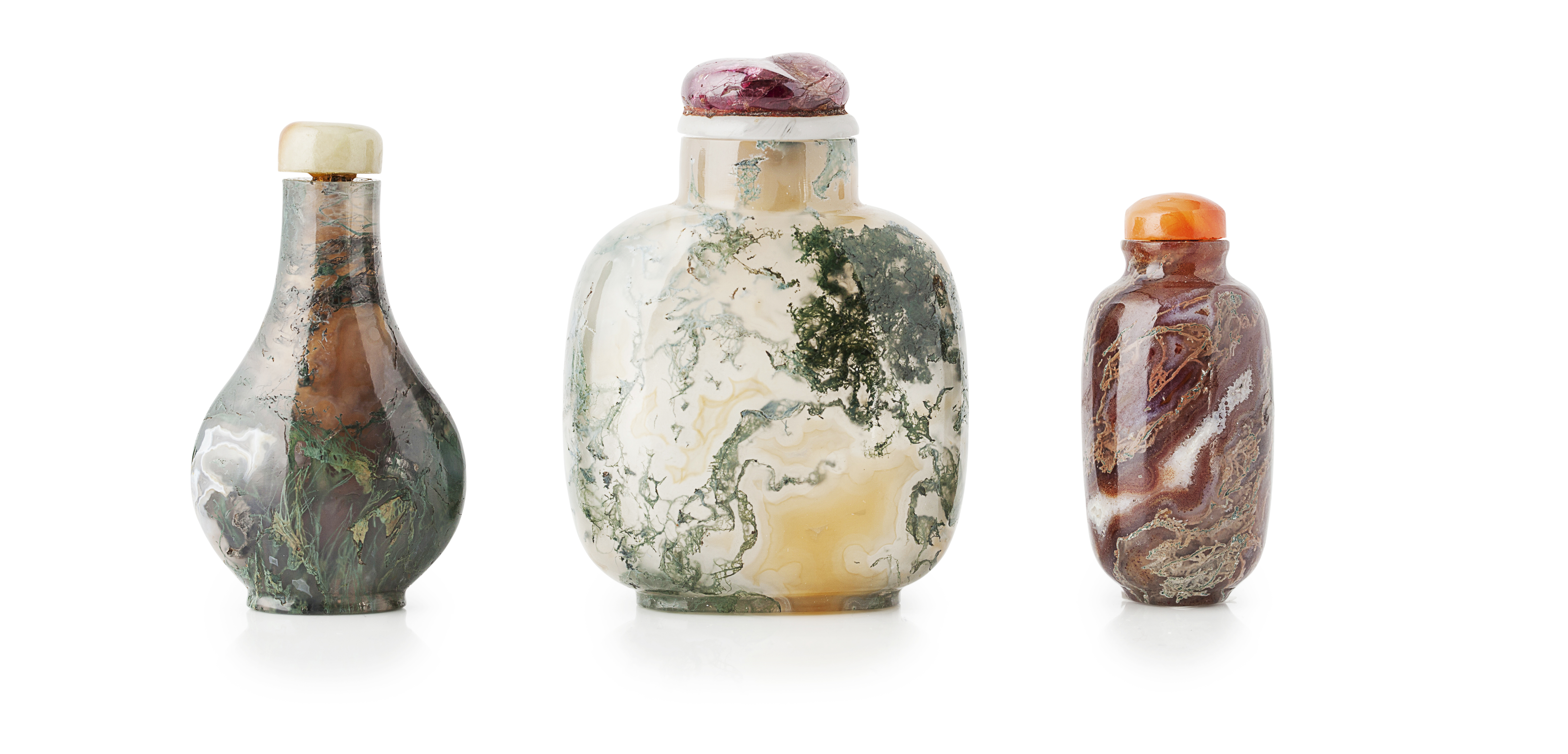 THREE MOSS AGATE SNUFF BOTTLES