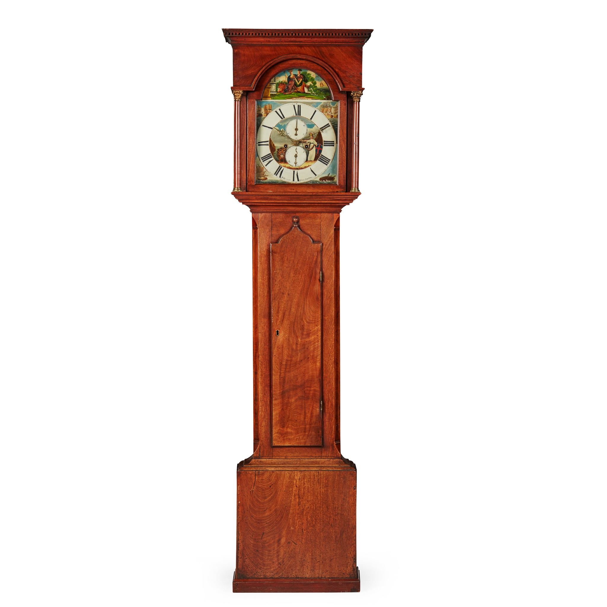 UNION OF SCOTLAND AND ENGLAND PAINTED DIAL MAHOGANY LONGCASE CLOCK BY J SHARPE OF STAMFORDHAM
