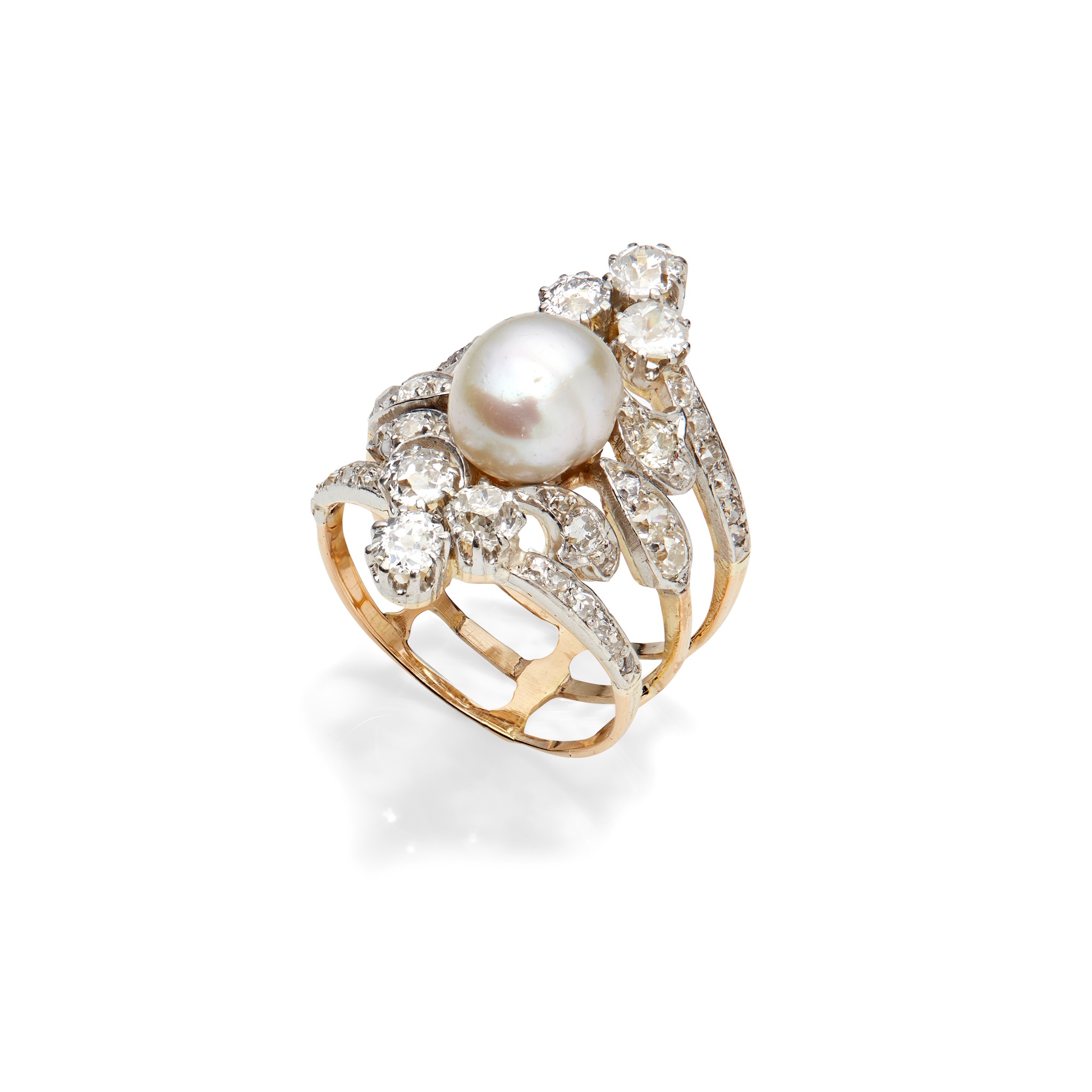 An early 20th century natural pearl and diamond ring