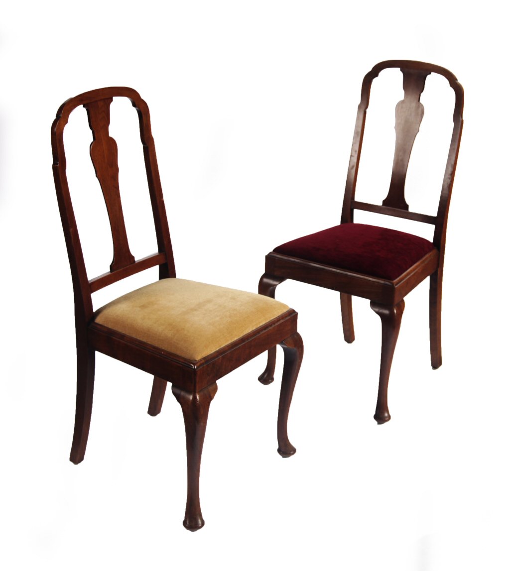 SET OF EIGHT WALNUT QUEEN ANNE STYLE DINING CHAIRS