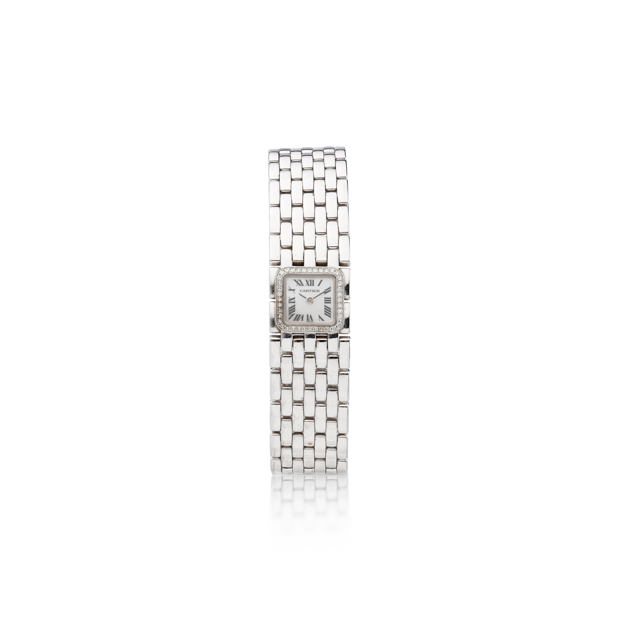 Cartier: A white gold and diamond quartz bracelet watch with mother-of-pearl dial