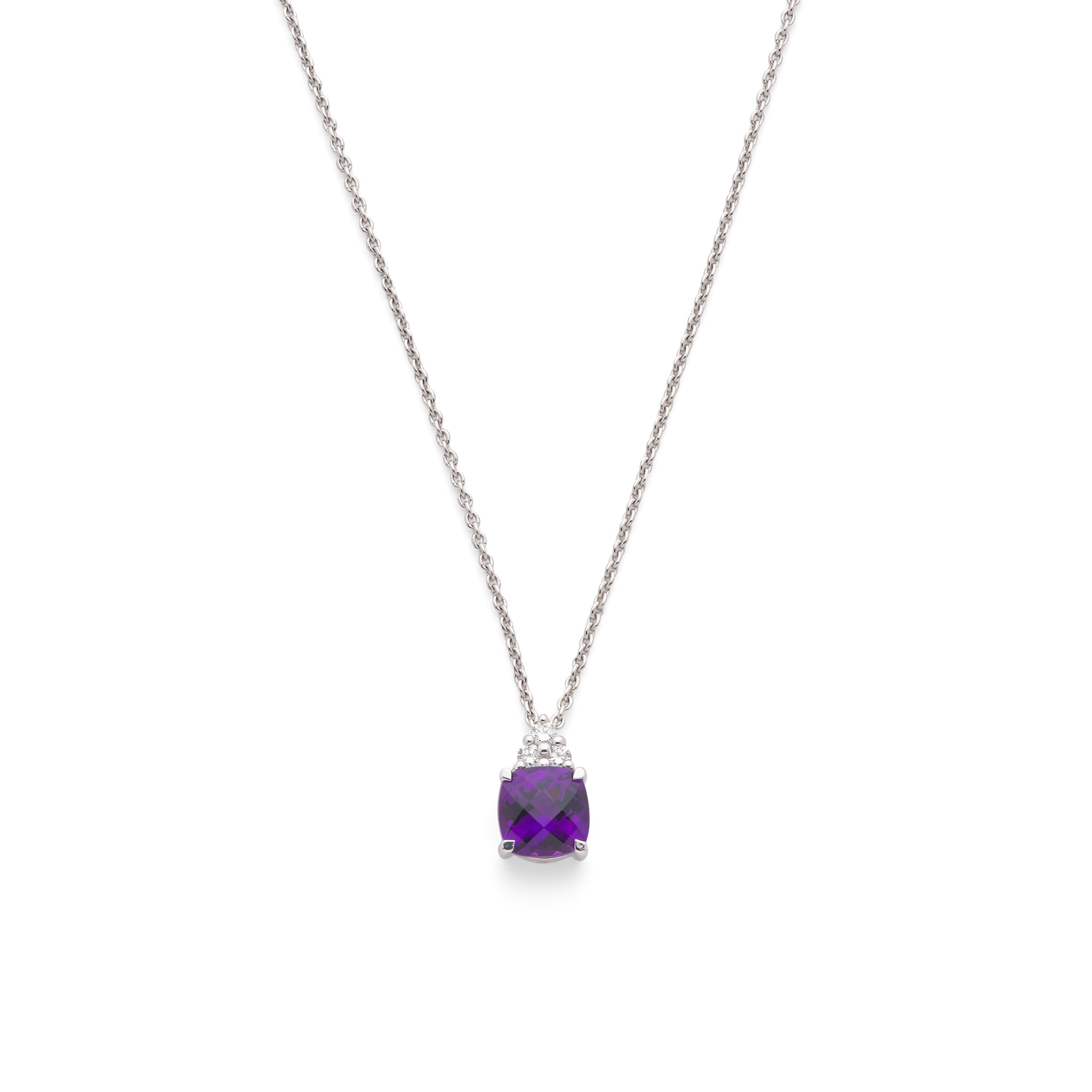 An 18ct white gold amethyst and diamond pendant necklace