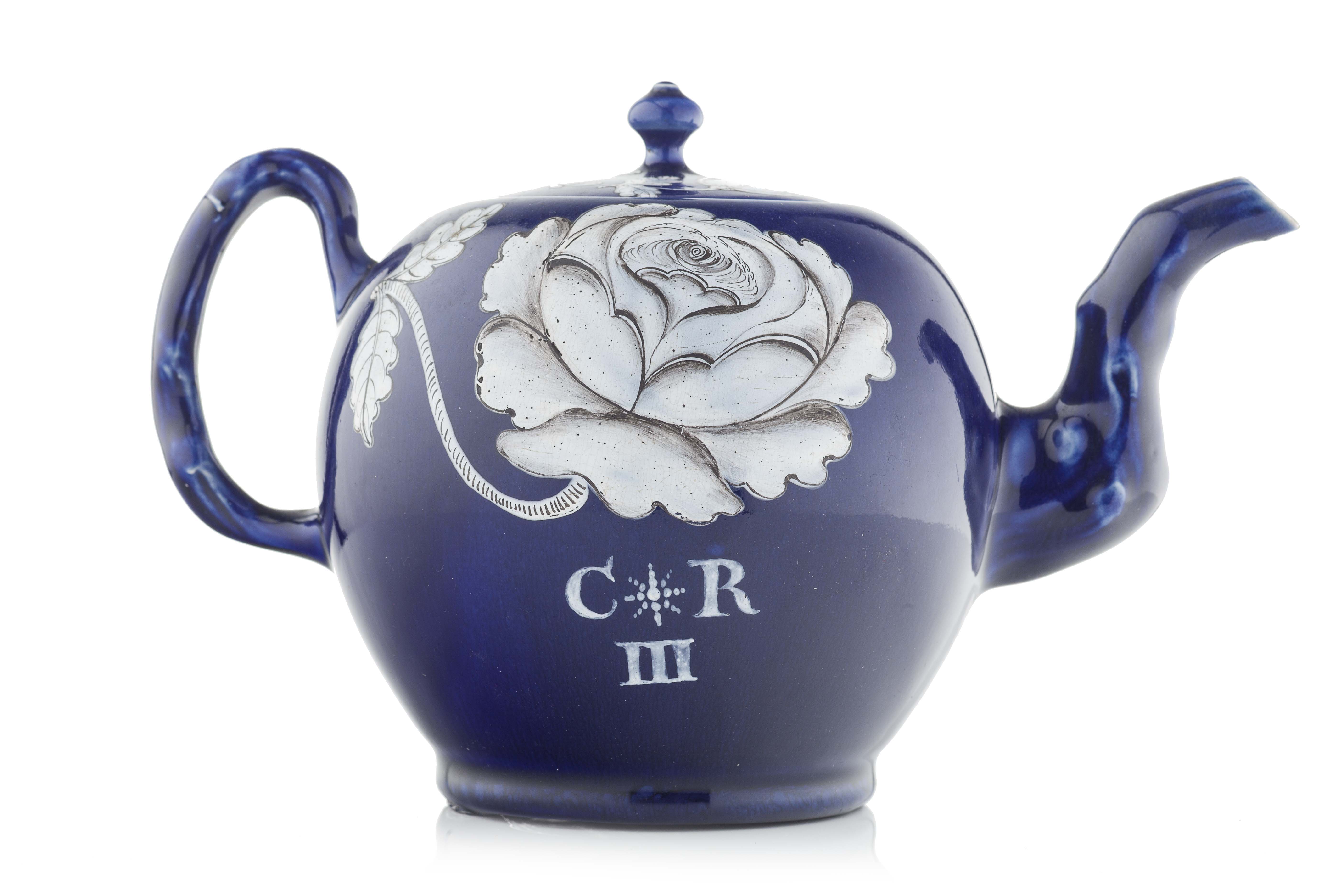 An important Jacobite “King Charles III” salt glazed teapot circa 1766