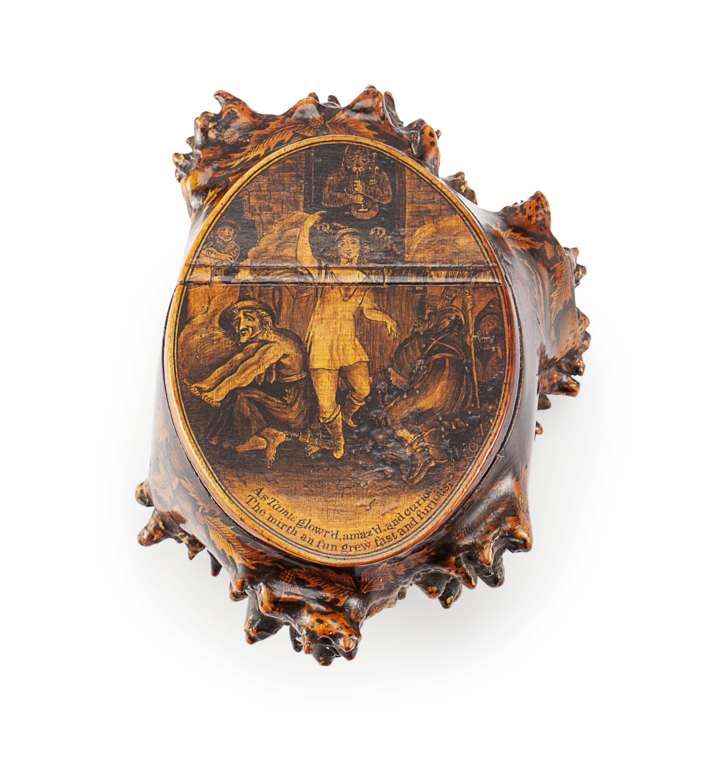 A SCOTTISH BURR-WOOD AND PENWORK SNUFF MULL