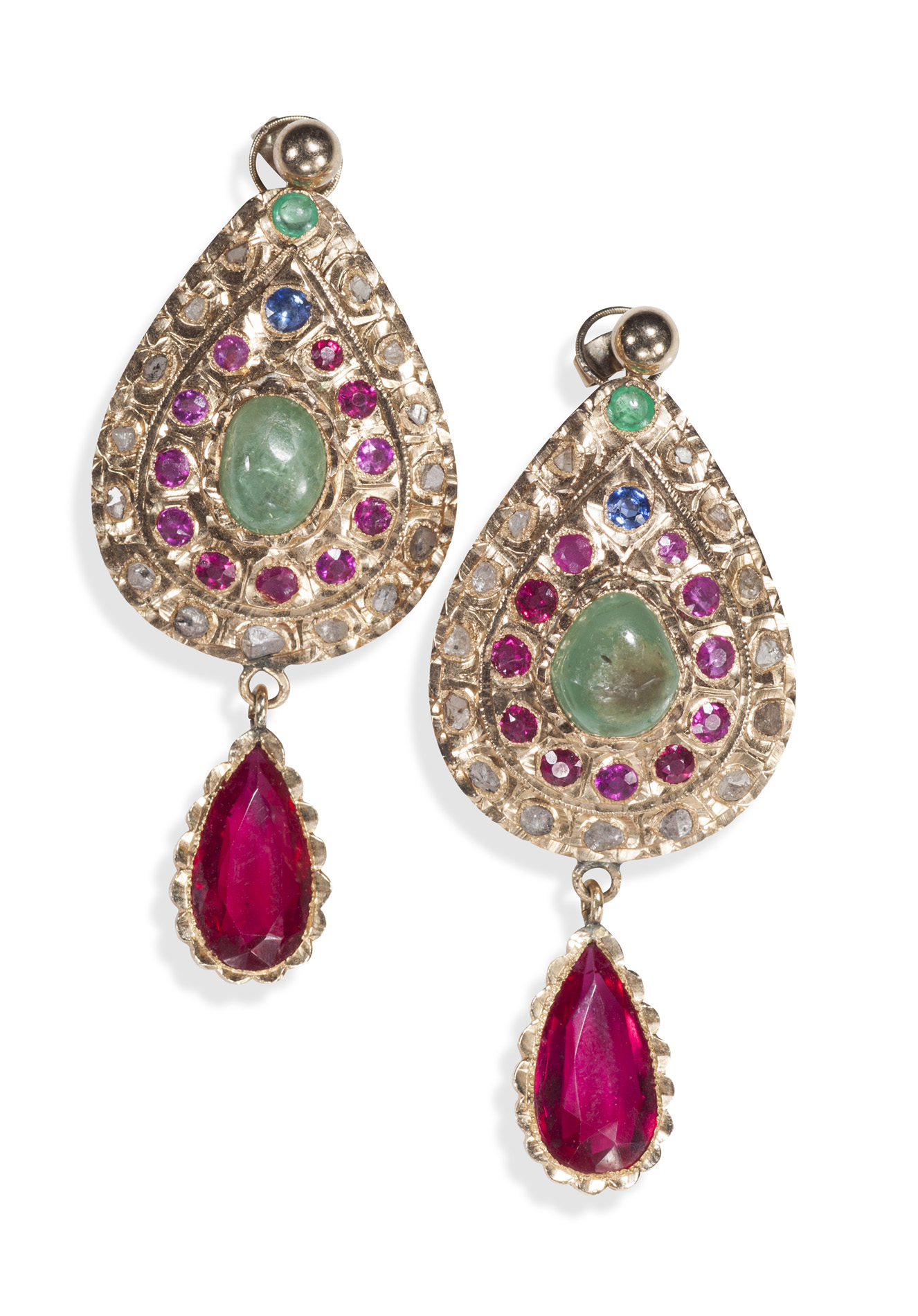 A pair of Indian gold mounted multi-gem set ear pendants