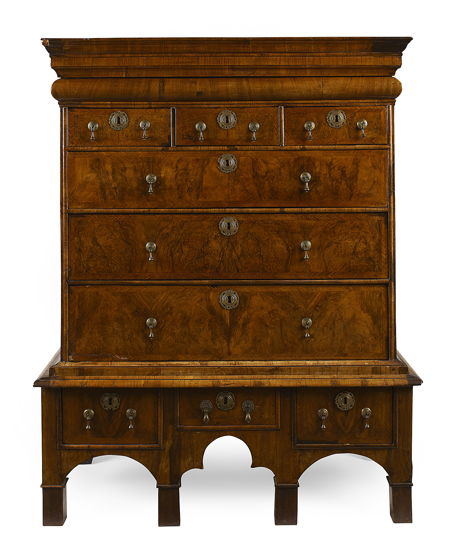 GEORGE I WALNUT BANDED CHEST ON STAND