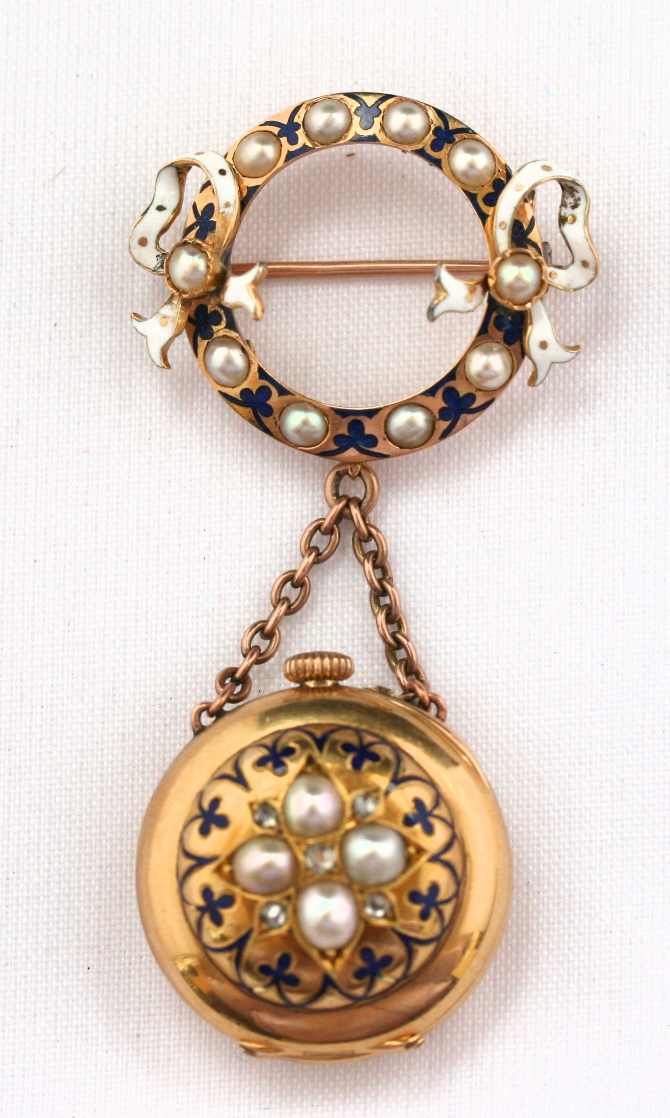 A good late Victorian gold and enamel pendant fob watch