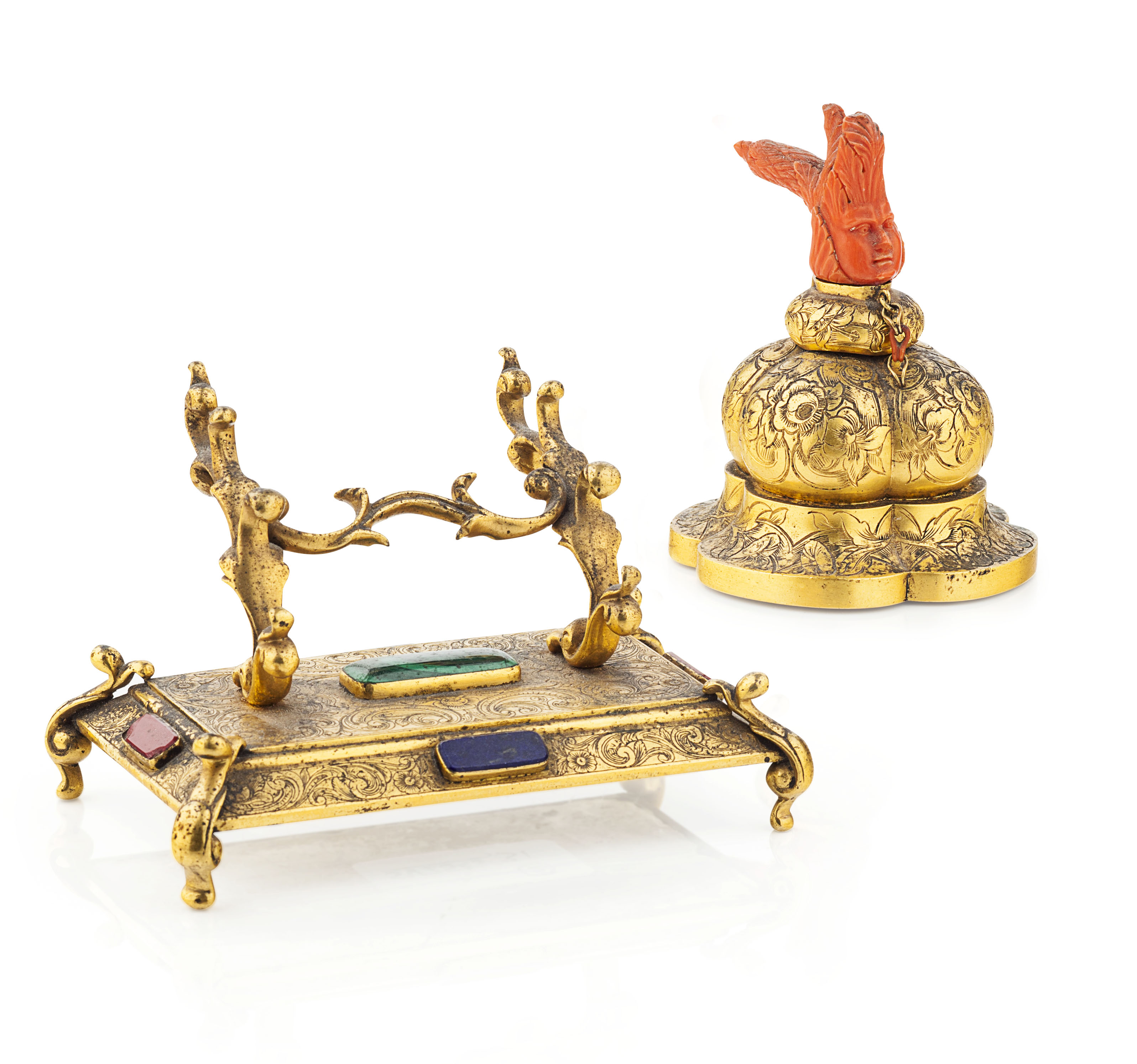 FRENCH GILT METAL AND HARDSTONE MOUNTED DESK SET