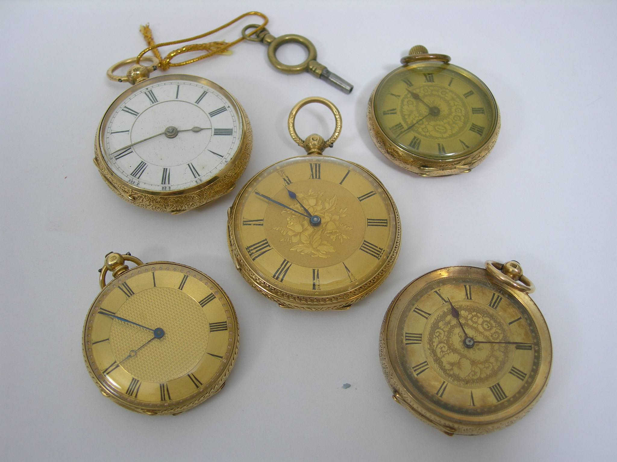 A collection of five assorted open faced pocket watches,