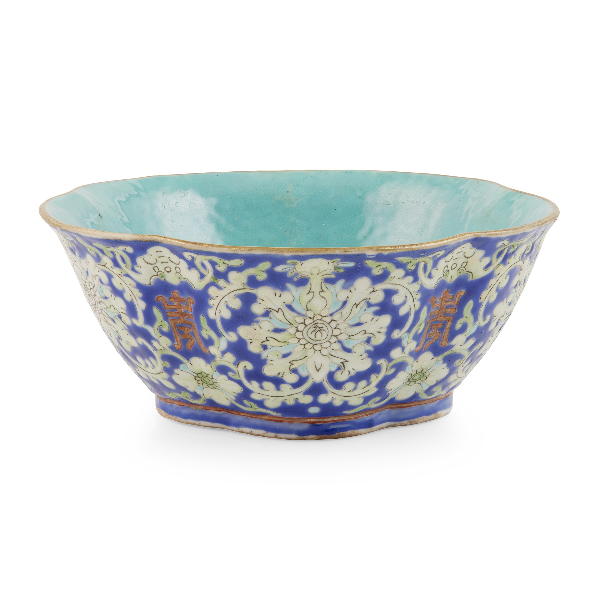 ENAMELLED BLUE GROUND 'SHOU' BOWL