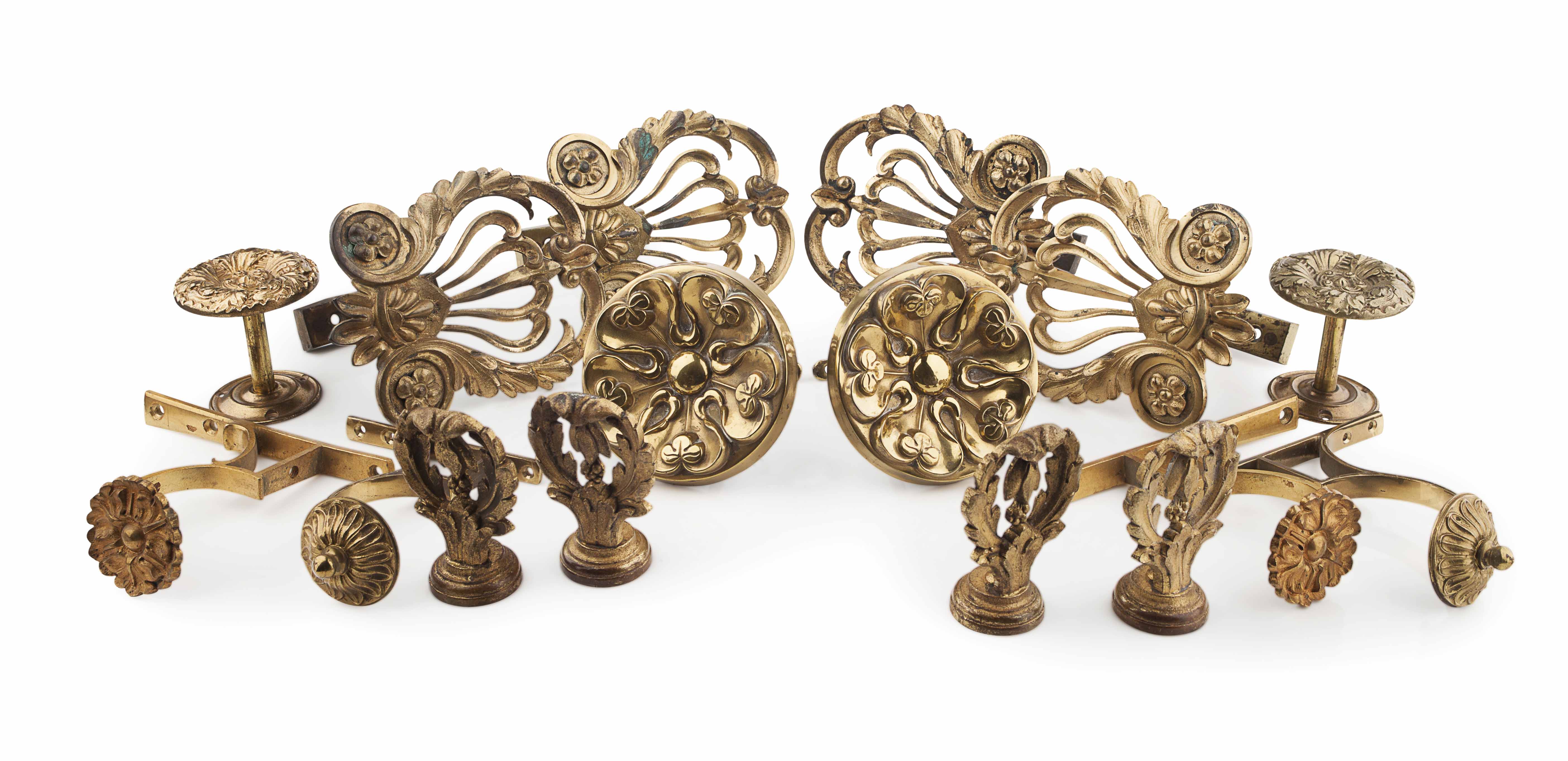 COLLECTION OF NEOCLASSICAL STYLE GILT METAL CURTAIN AND DRAPERY ACCESSORIES