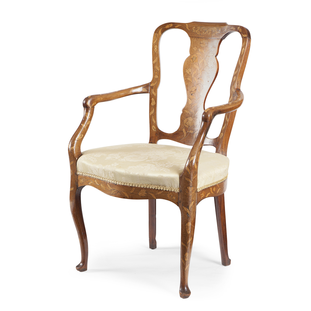 A DUTCH FLORAL MARQUETRY ARMCHAIR
