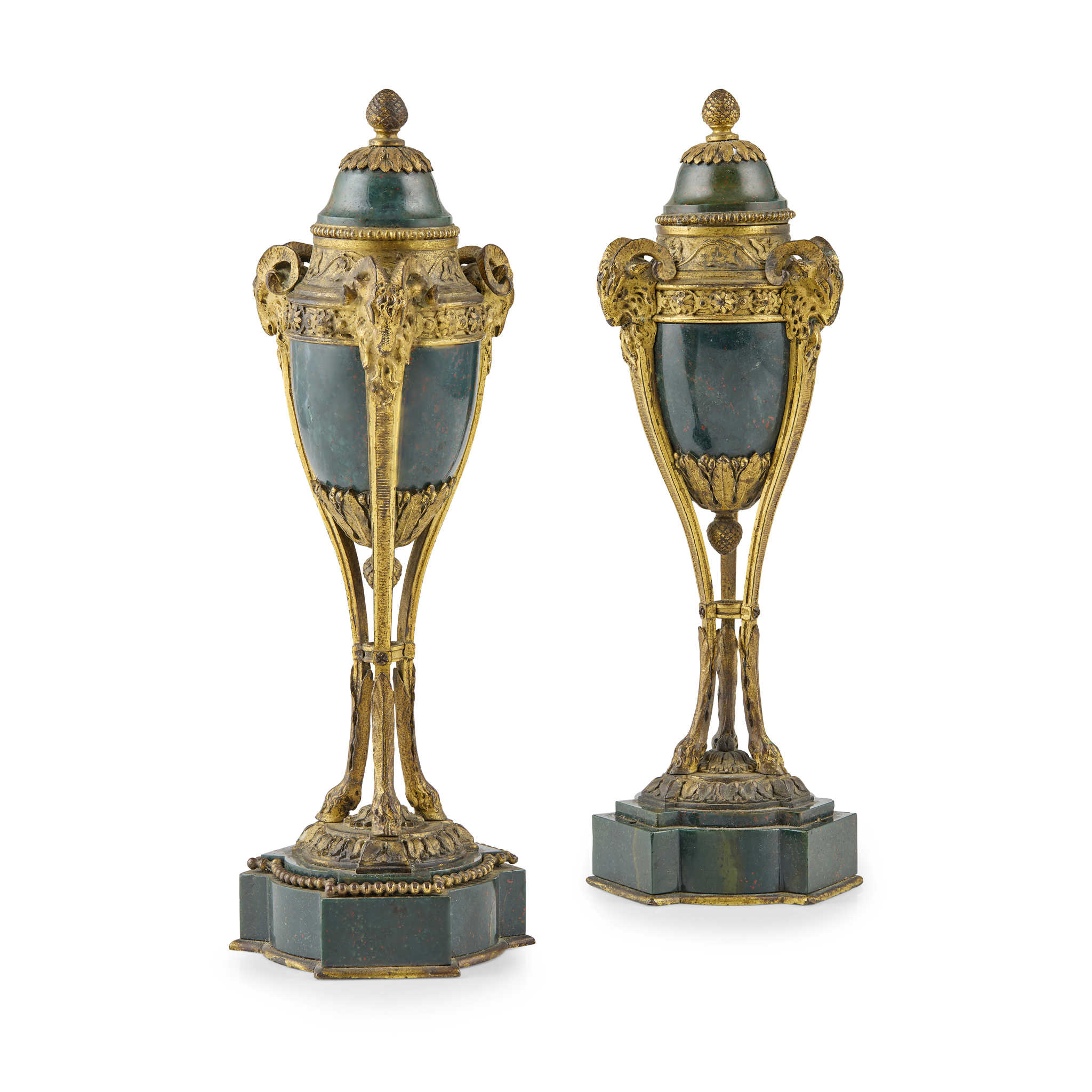 PAIR OF LOUIS XVI STYLE GILT BRONZE AND BLOODSTONE CASSOLETTE CANDLESTICKS