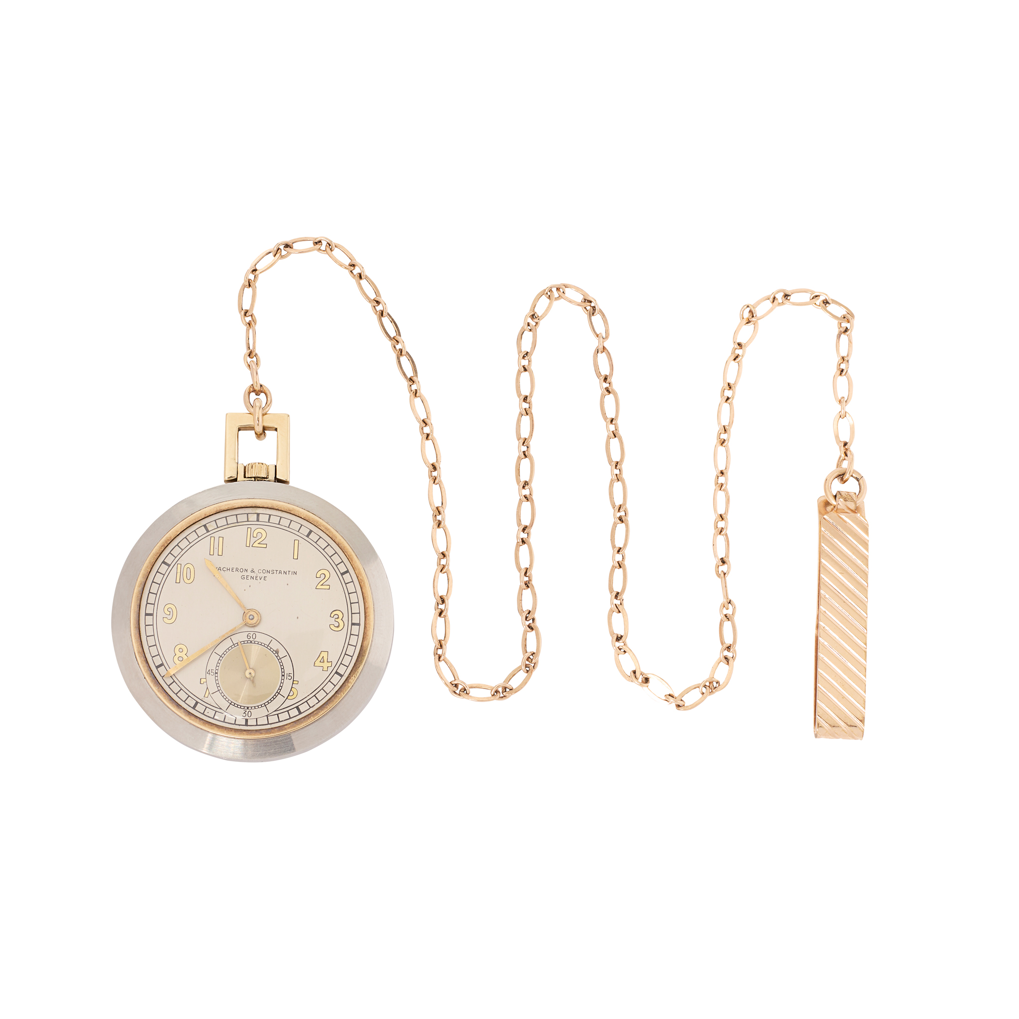 Vacheron & Constantin. A fine and rare staybrite steel and 14k gold mechanical pocket watch with associated chain