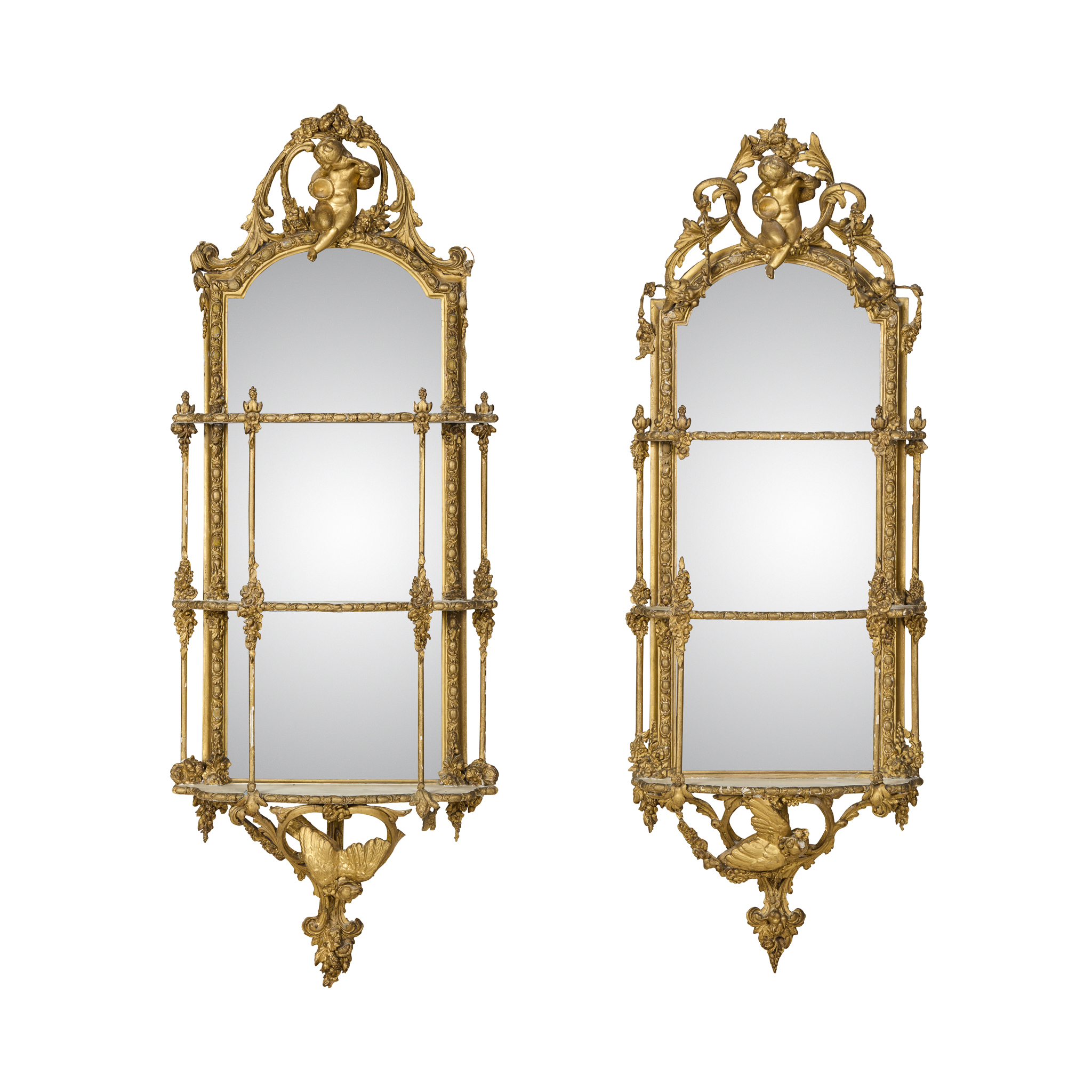 PAIR OF VICTORIAN GILTWOOD AND GESSO DISPLAY SHELVES