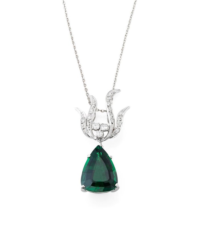 A modern diamond and tourmaline set pendant