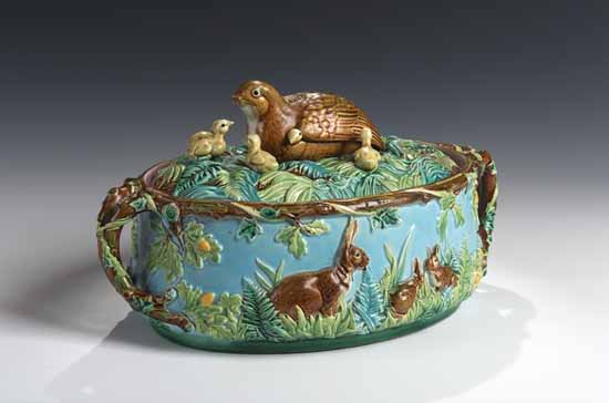 A George Jones oval majolica twin-handled game dish and cover