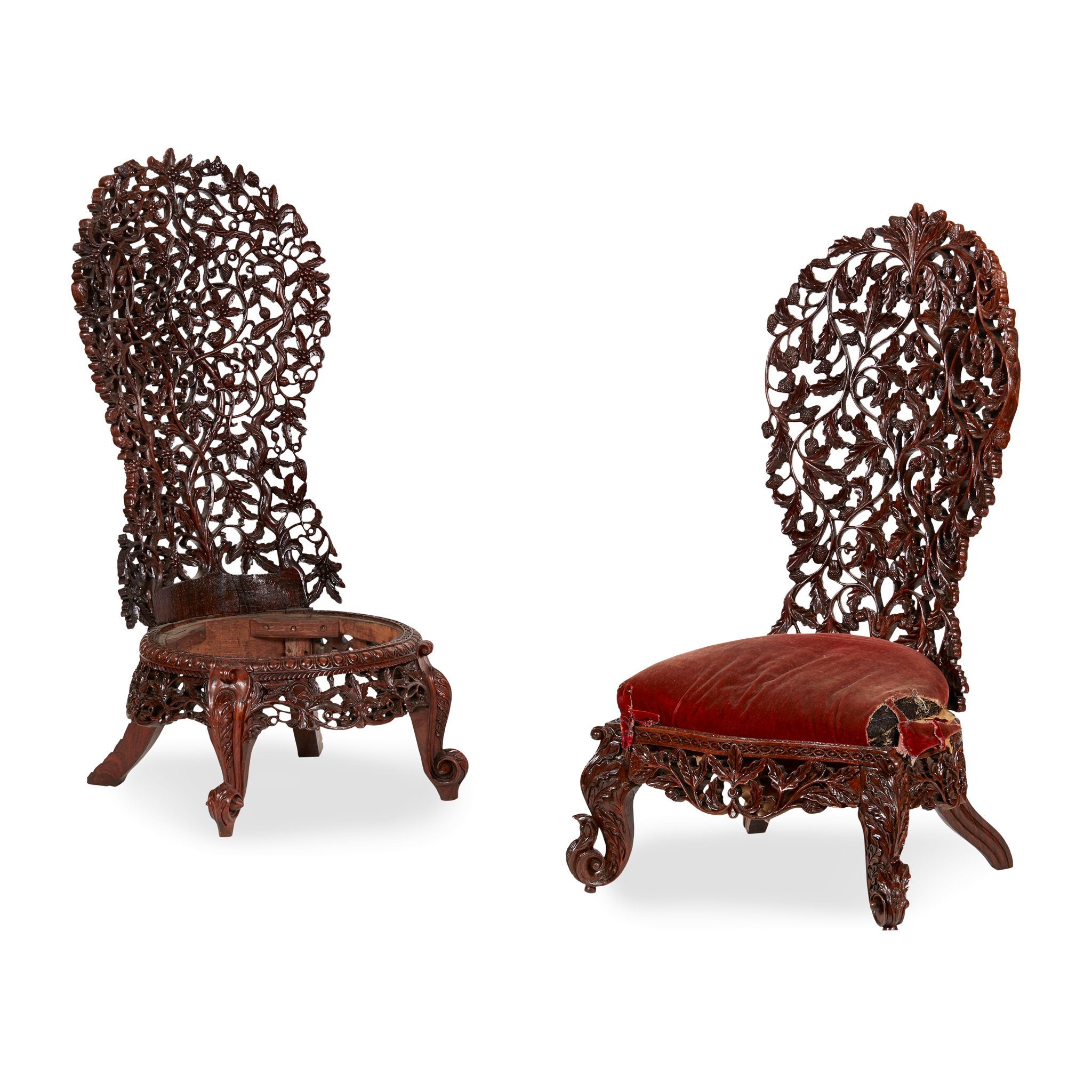 TWO CEYLONESE CARVED HARDWOOD SIDE CHAIRS