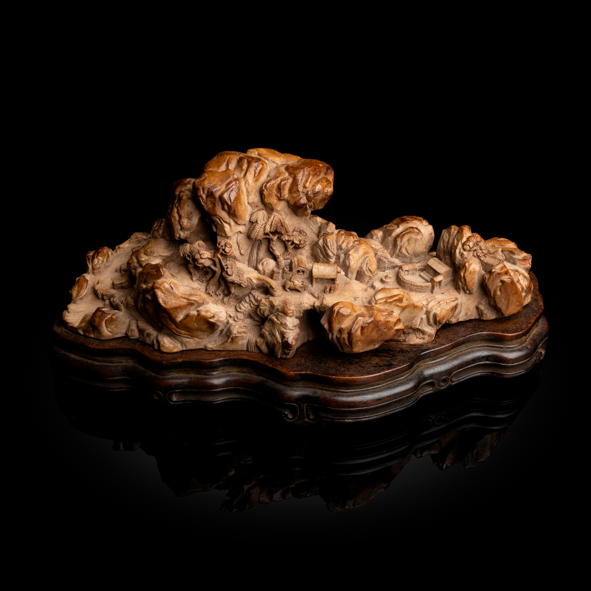 CHINESE HUANGHUALI CARVED 'LANDSCAPE' BOULDER