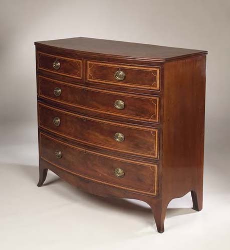 A Regency mahogany and satinwood banded bowfront chest,