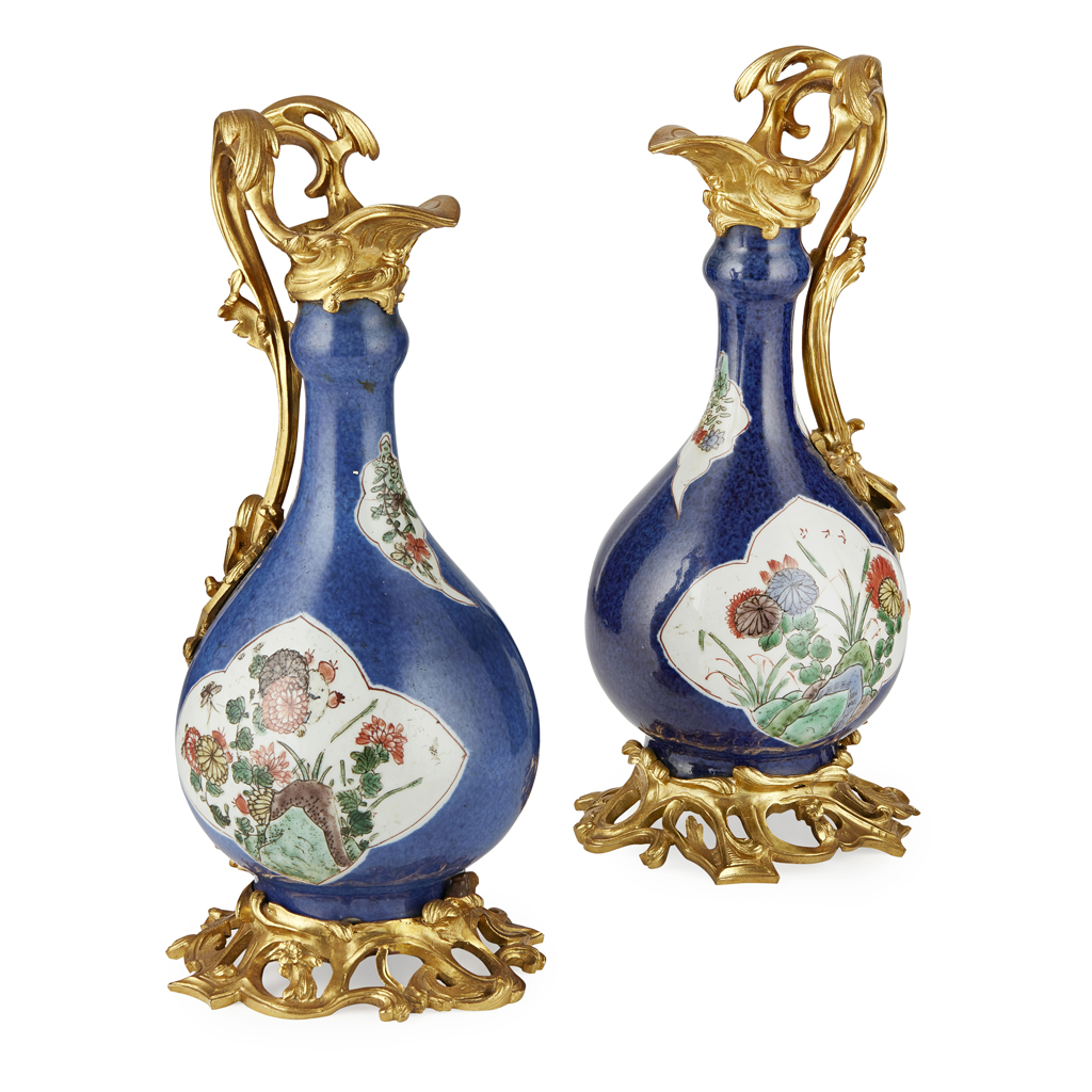 PAIR OF ORMOLU-MOUNTED FAMILLE VERTE POWDER-BLUE GROUND VASES