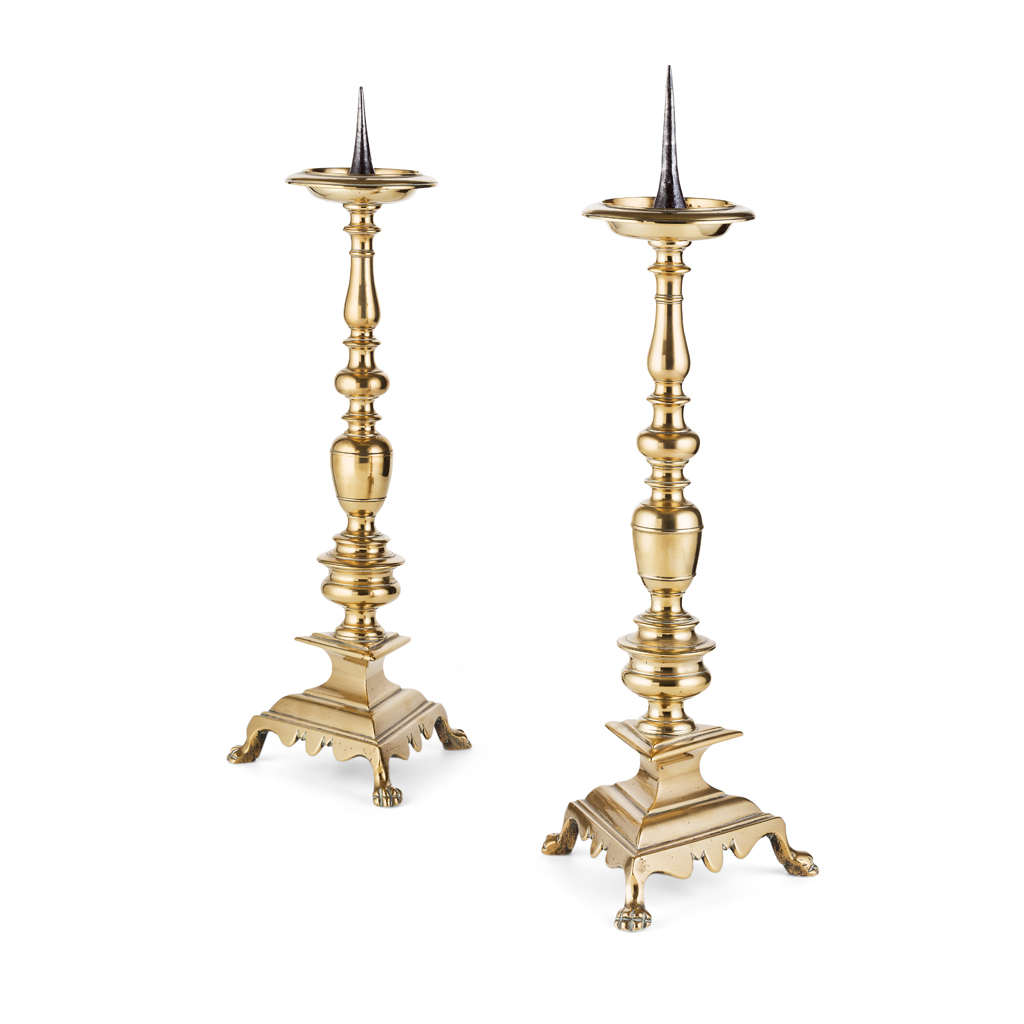 PAIR OF DUTCH BRASS PRICKET CANDLESTICKS