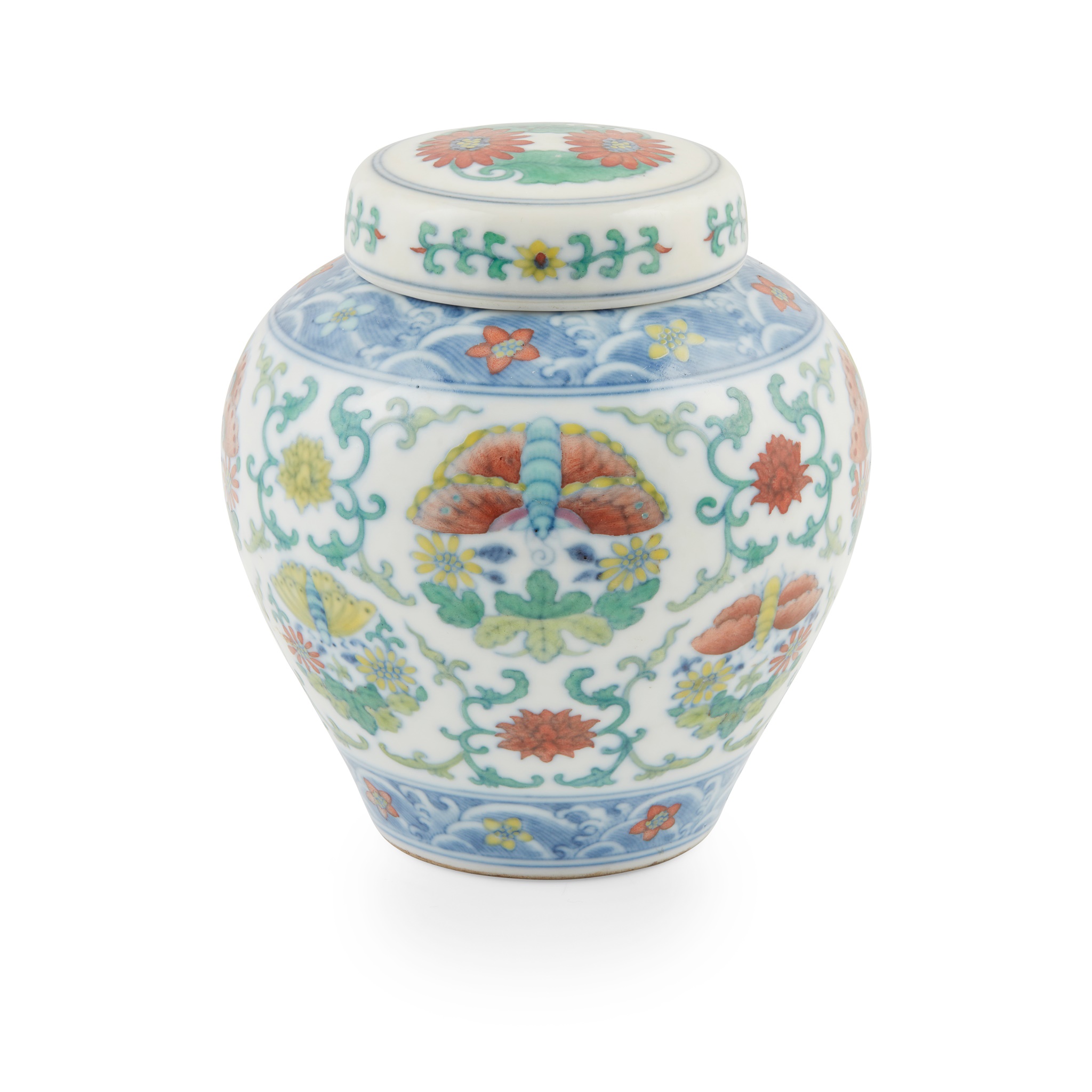 DOUCAI 'BUTTERFLY AND FLOWER' LIDDED JAR