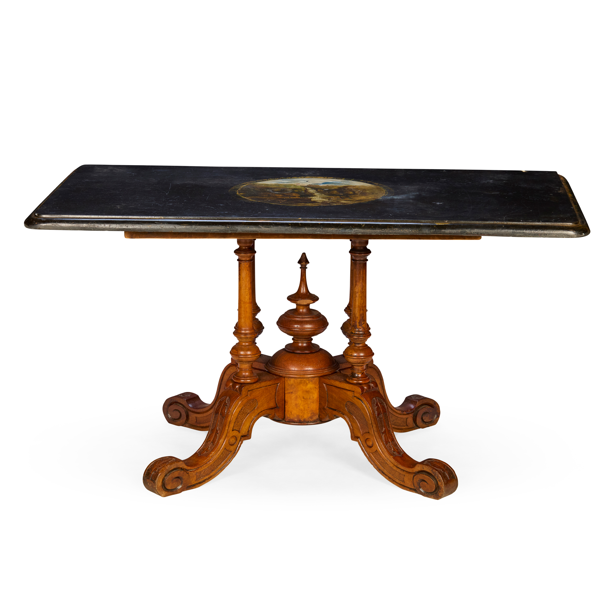 VICTORIAN WELSH PAINTED AND PARCEL GILT SLATE TABLETOP AND WALNUT BASE