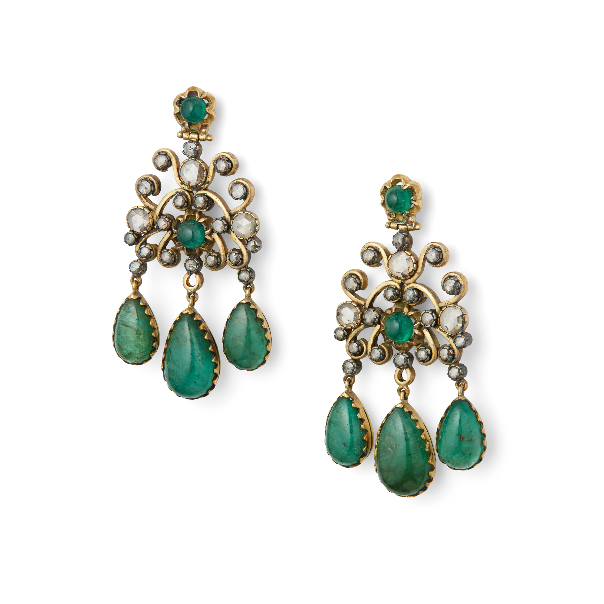 A pair of emerald and diamond pendent earrings