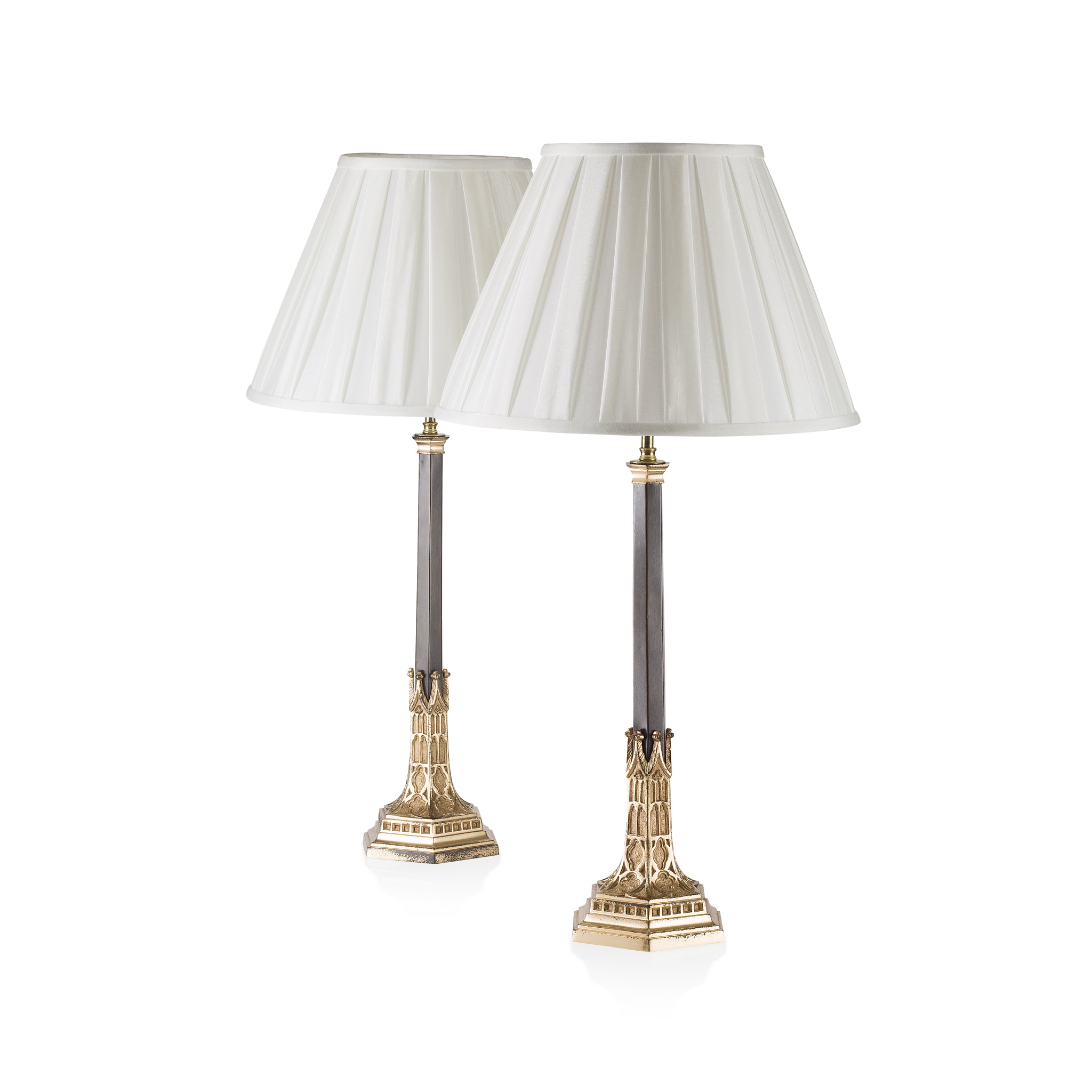 PAIR OF GOTHIC REVIVAL GILT AND PATINATED BRONZE LAMPS