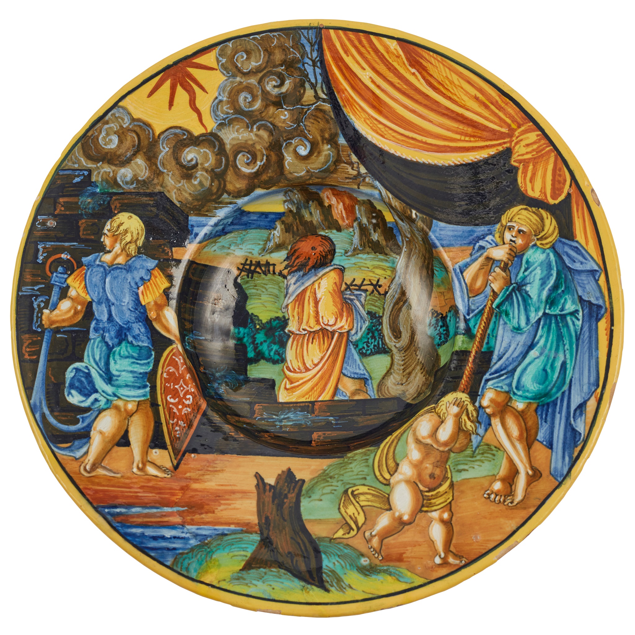 AN UNRECORDED MAIOLICA URBINO DISH WITH BROAD RIM, CIRCLE OF XANTO, PROBABLY BY THE PAINTER 'LU. UR'